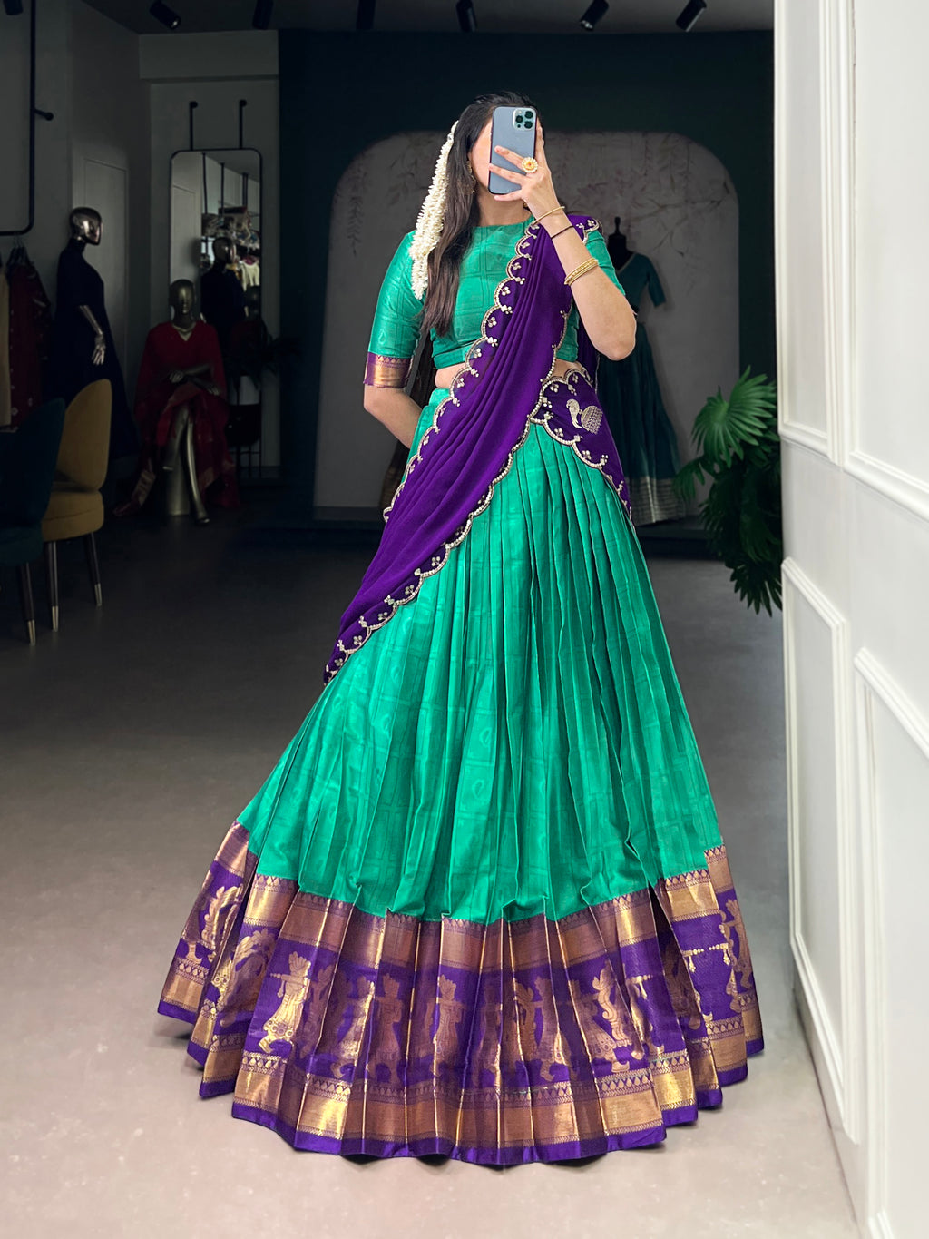 Niya Sea Green Poly Cotton Zari Weaving Half Saree Lehenga