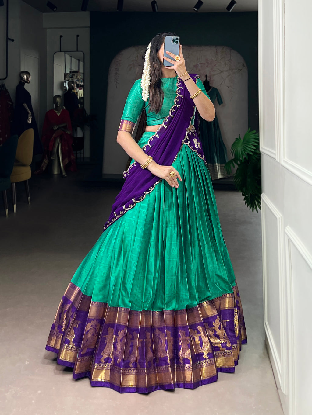 Niya Sea Green Poly Cotton Zari Weaving Half Saree Lehenga