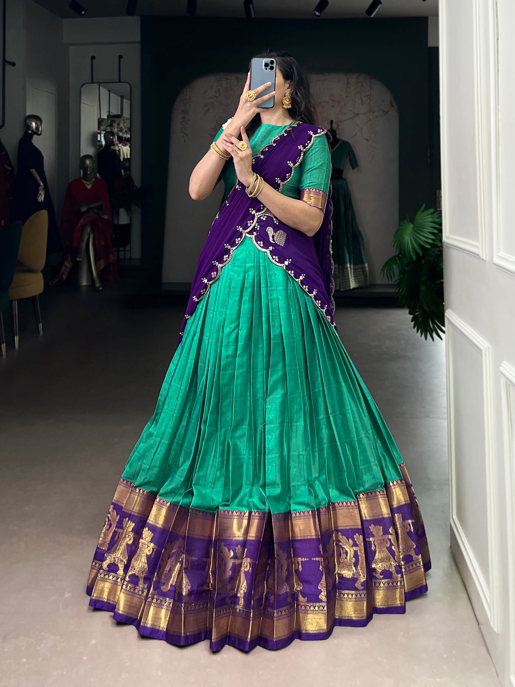 Niya Sea Green Poly Cotton Zari Weaving Half Saree Lehenga