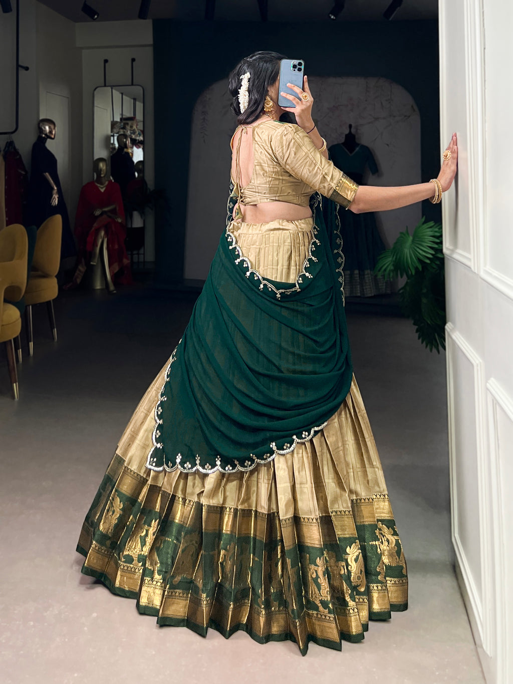 Niya Cream Color Poly Cotton Zari Weaving Half Saree Lehenga