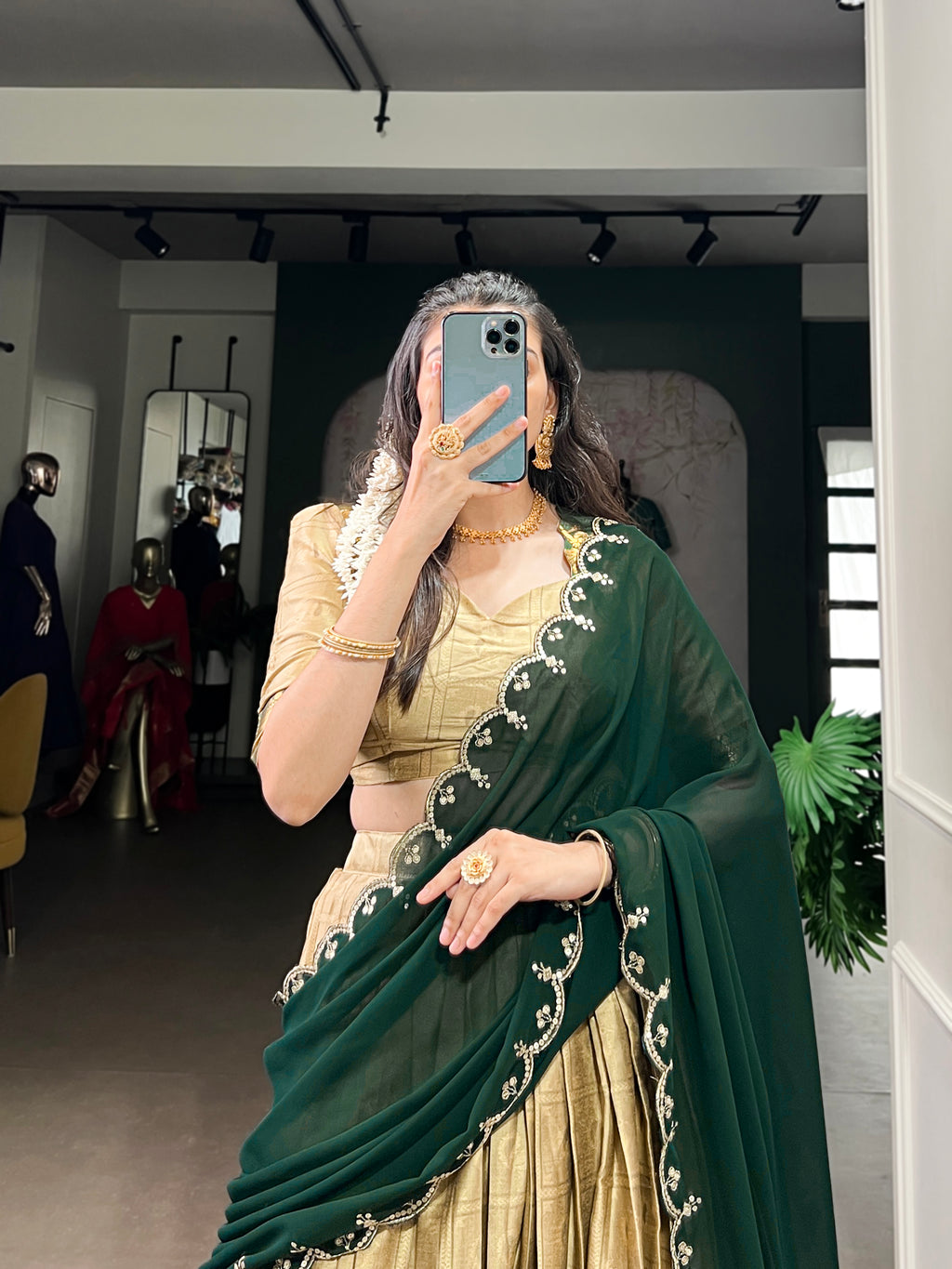 Niya Cream Color Poly Cotton Zari Weaving Half Saree Lehenga