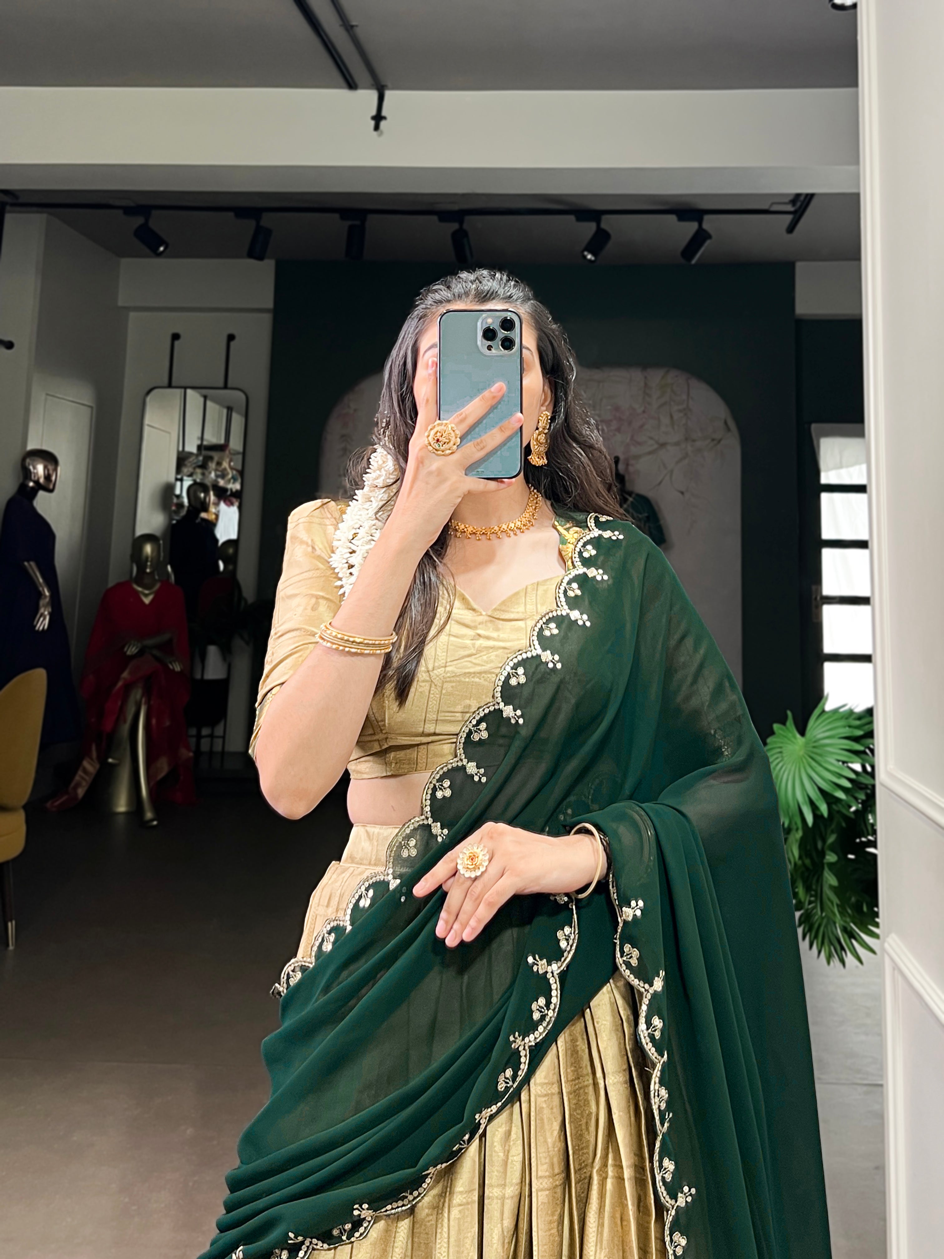 Niya Cream Color Poly Cotton Zari Weaving Half Saree Lehenga