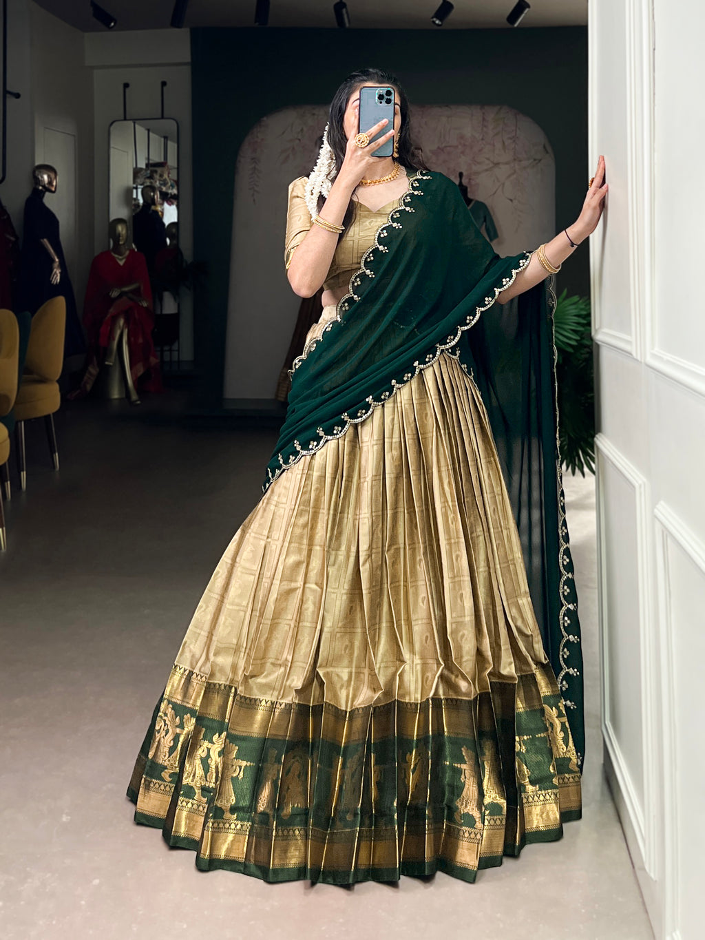 Niya Cream Color Poly Cotton Zari Weaving Half Saree Lehenga