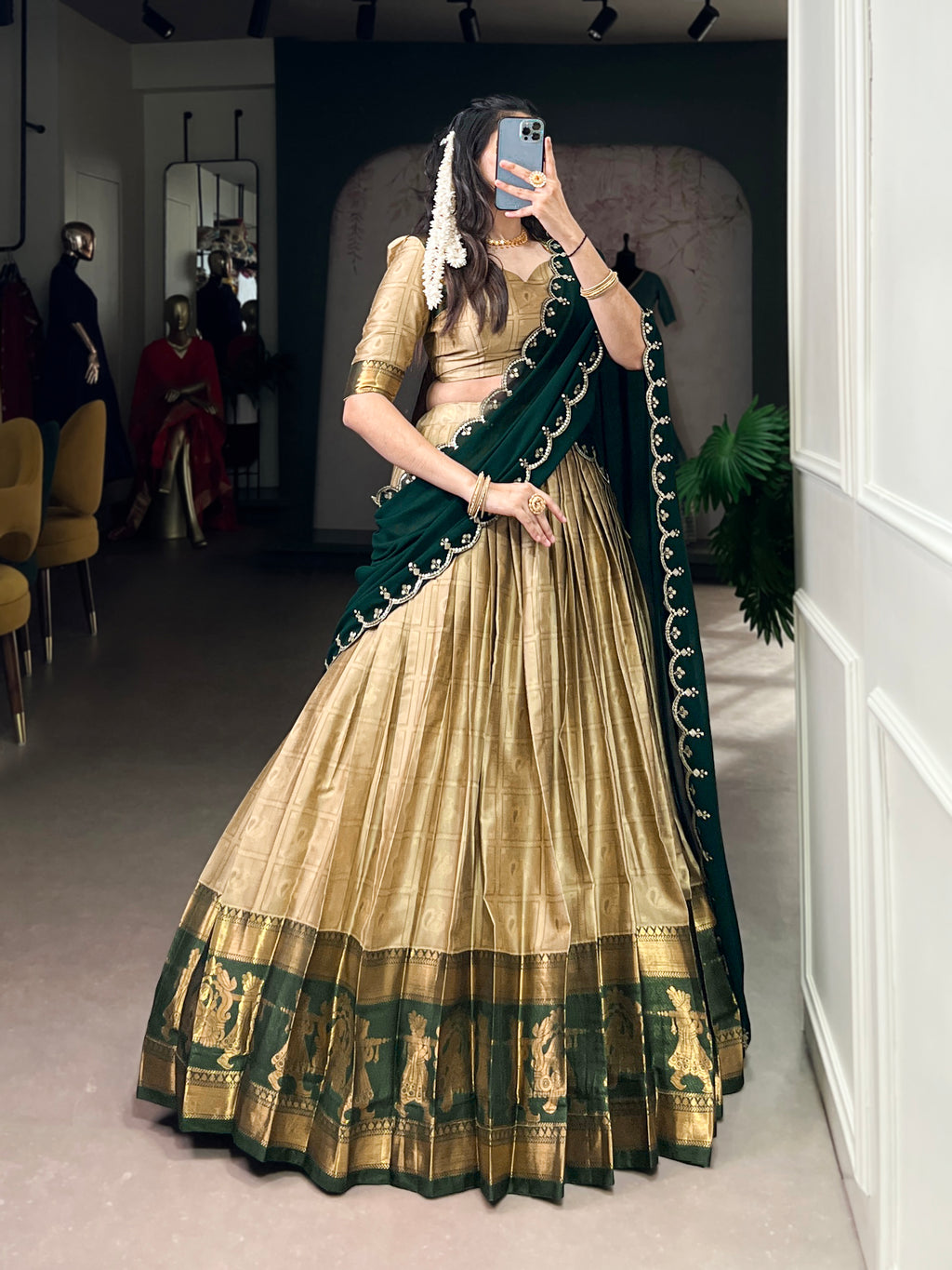 Niya Cream Color Poly Cotton Zari Weaving Half Saree Lehenga