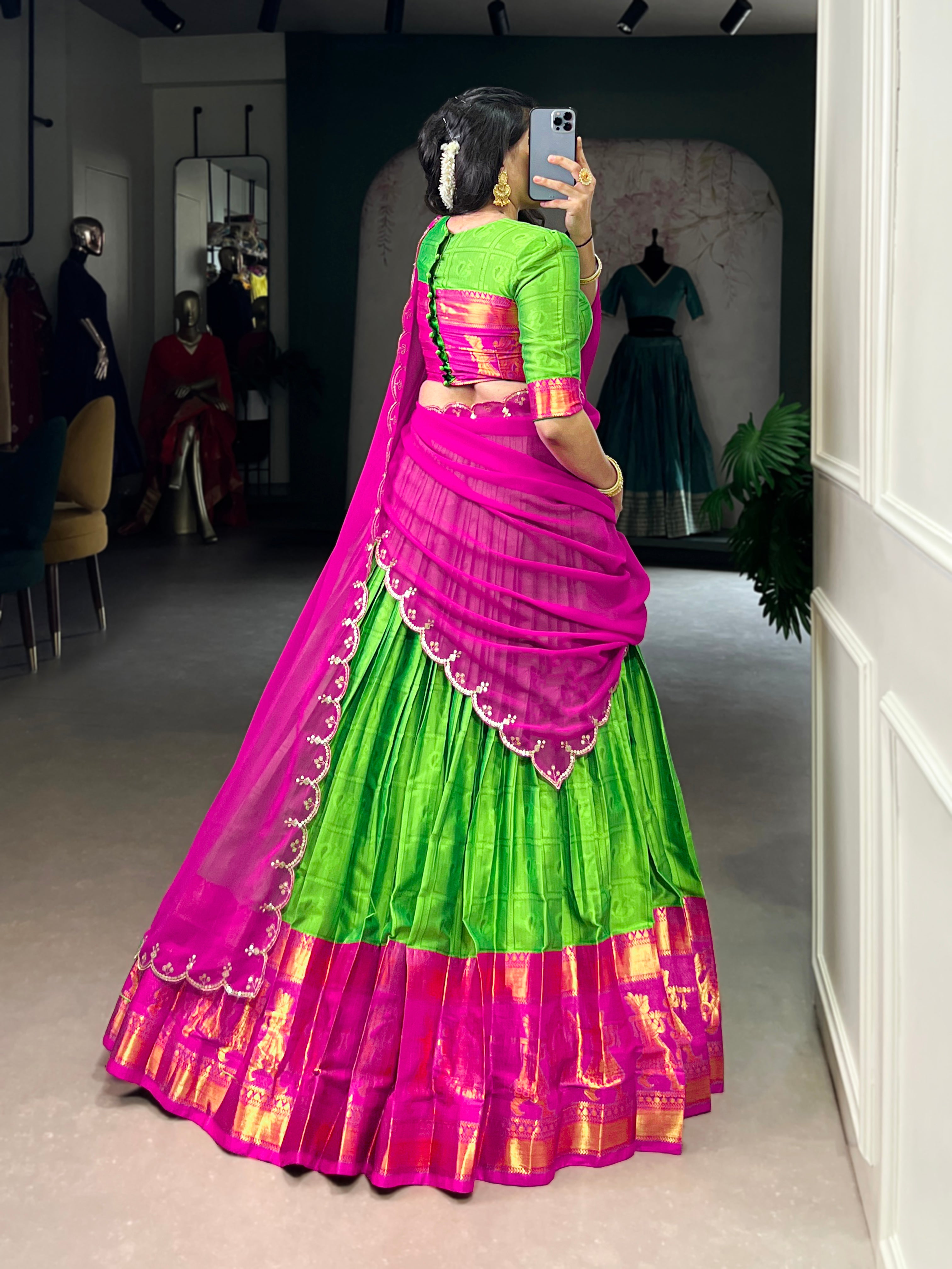 Niya Parrot Green Poly Cotton Zari Weaving Half Saree Lehenga