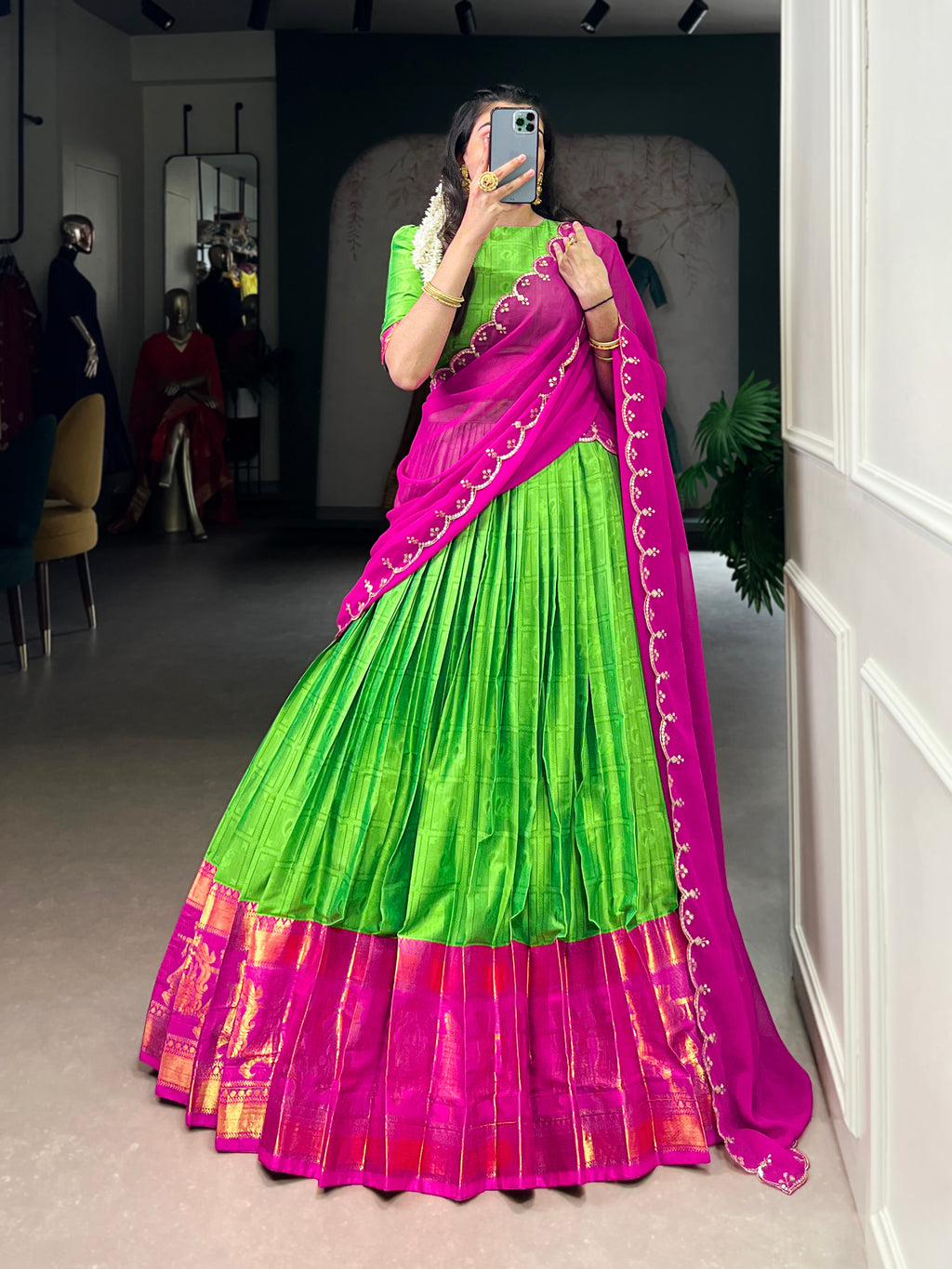 Niya Parrot Green Poly Cotton Zari Weaving Half Saree Lehenga