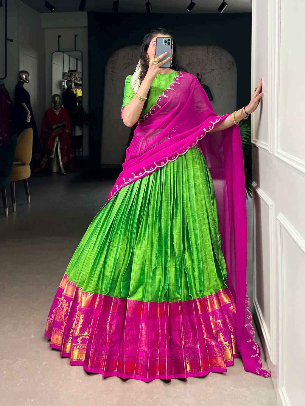 Niya Parrot Green Poly Cotton Zari Weaving Half Saree Lehenga