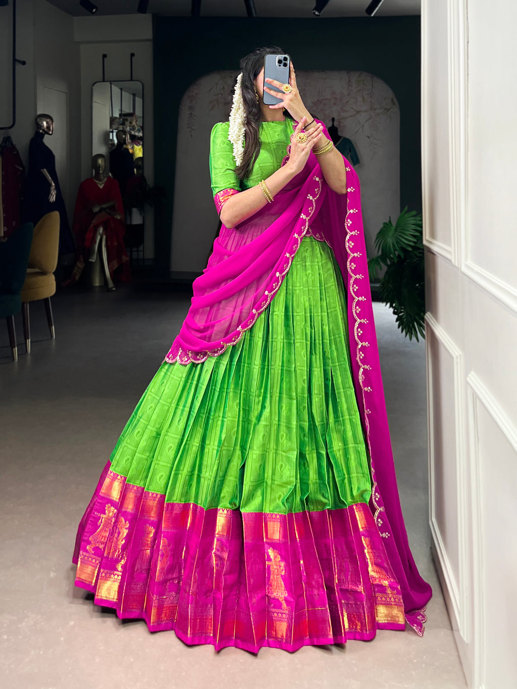 Niya Parrot Green Poly Cotton Zari Weaving Half Saree Lehenga