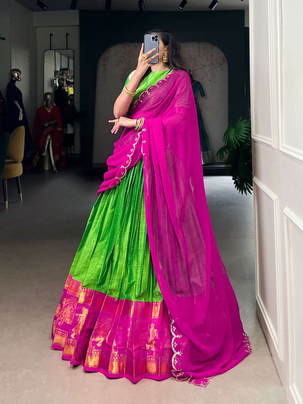 Niya Parrot Green Poly Cotton Zari Weaving Half Saree Lehenga