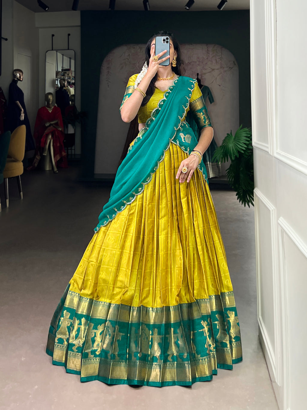 Niya Yellow Color Poly Cotton Zari Weaving Half Saree Lehenga