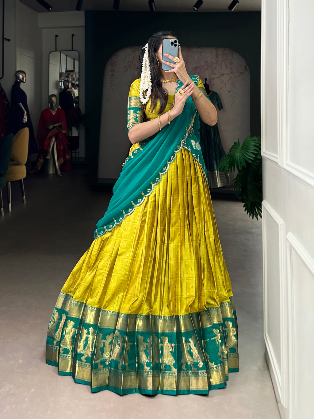 Niya Yellow Color Poly Cotton Zari Weaving Half Saree Lehenga