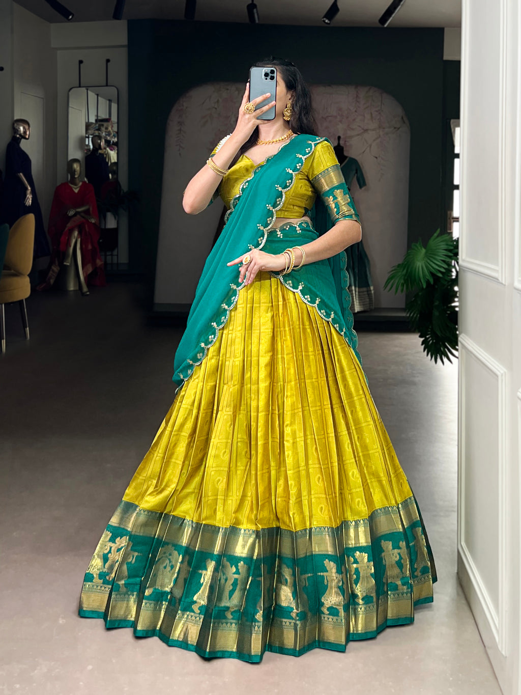 Niya Yellow Color Poly Cotton Zari Weaving Half Saree Lehenga