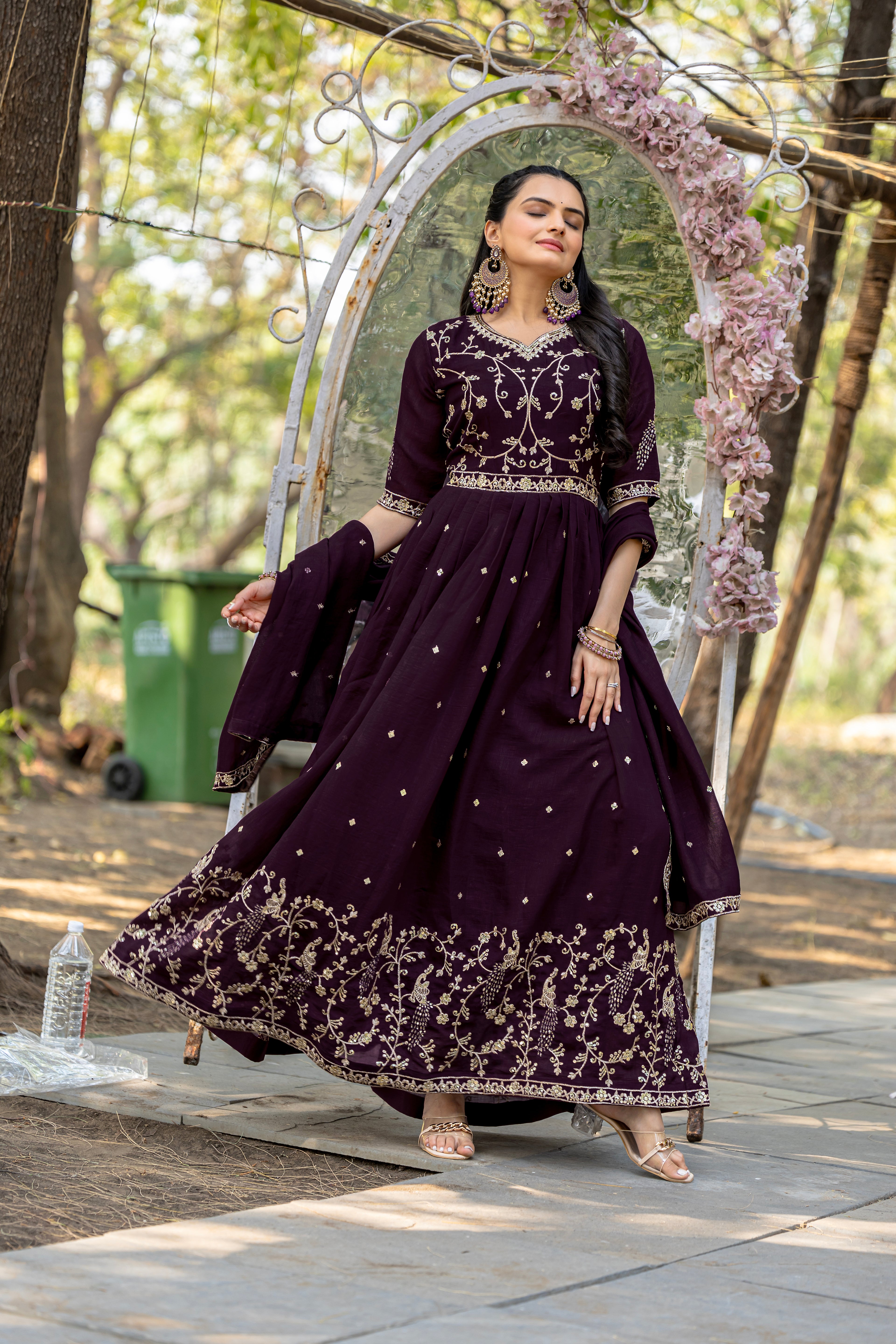 Wine Color Shimmer Vichitra Embroidered Gown with Dupatta
