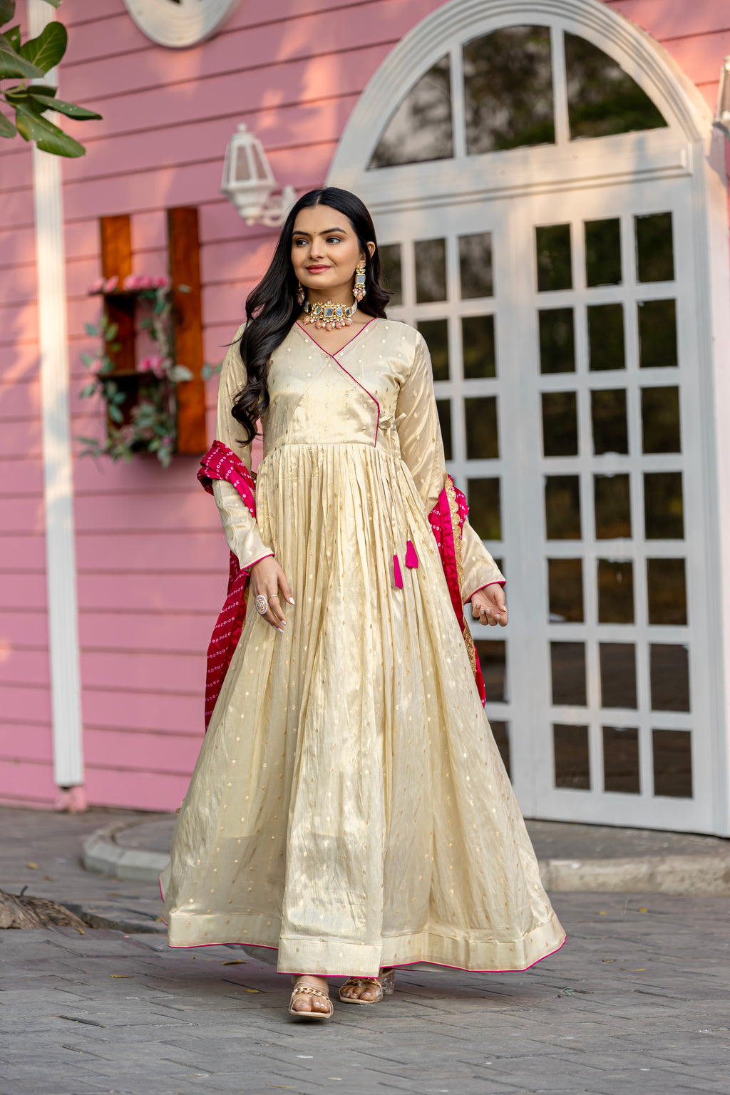 Cream Color Jacquard Butti Gown with Digital Printed Chinon Dupatta