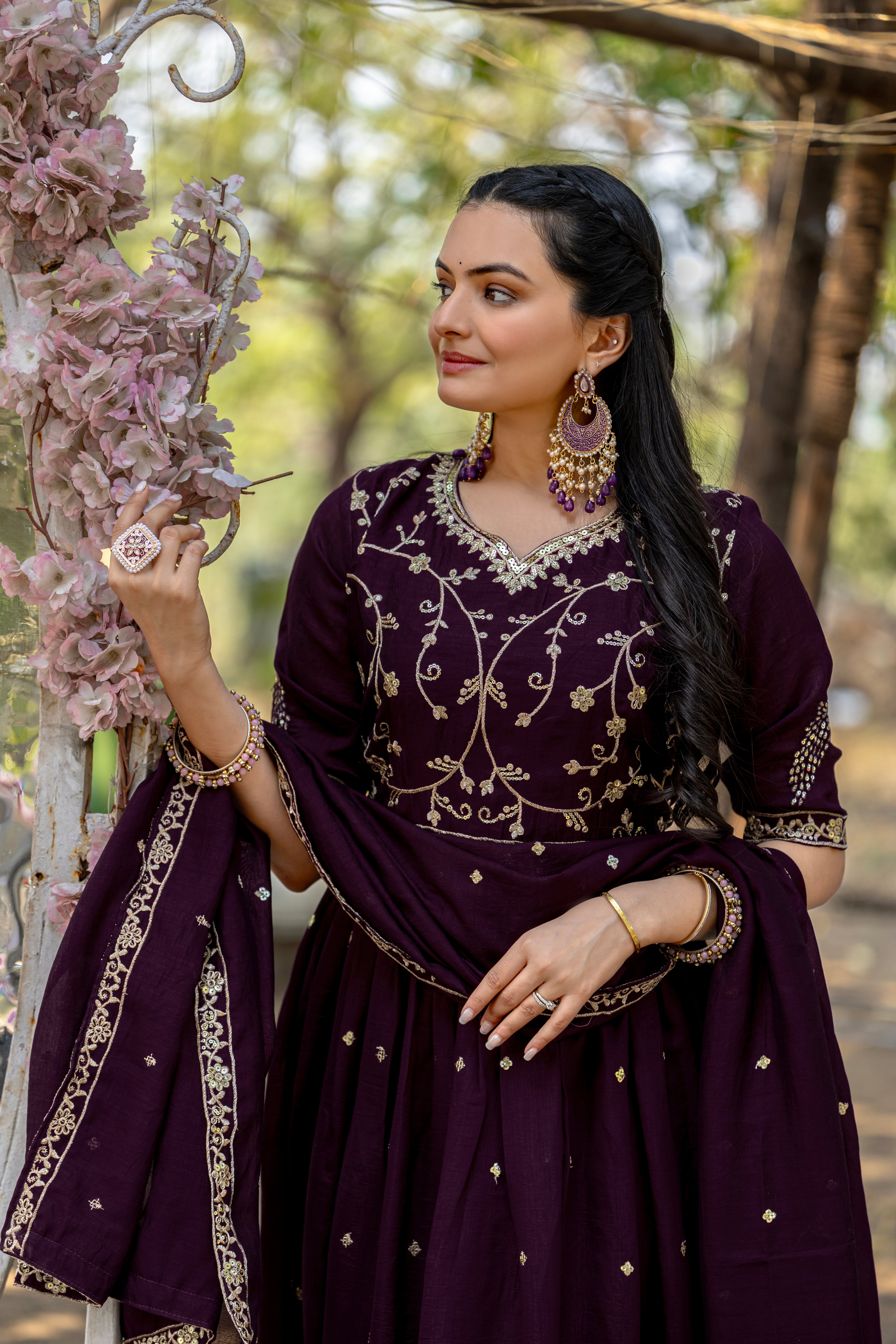 Wine Color Shimmer Vichitra Embroidered Gown with Dupatta