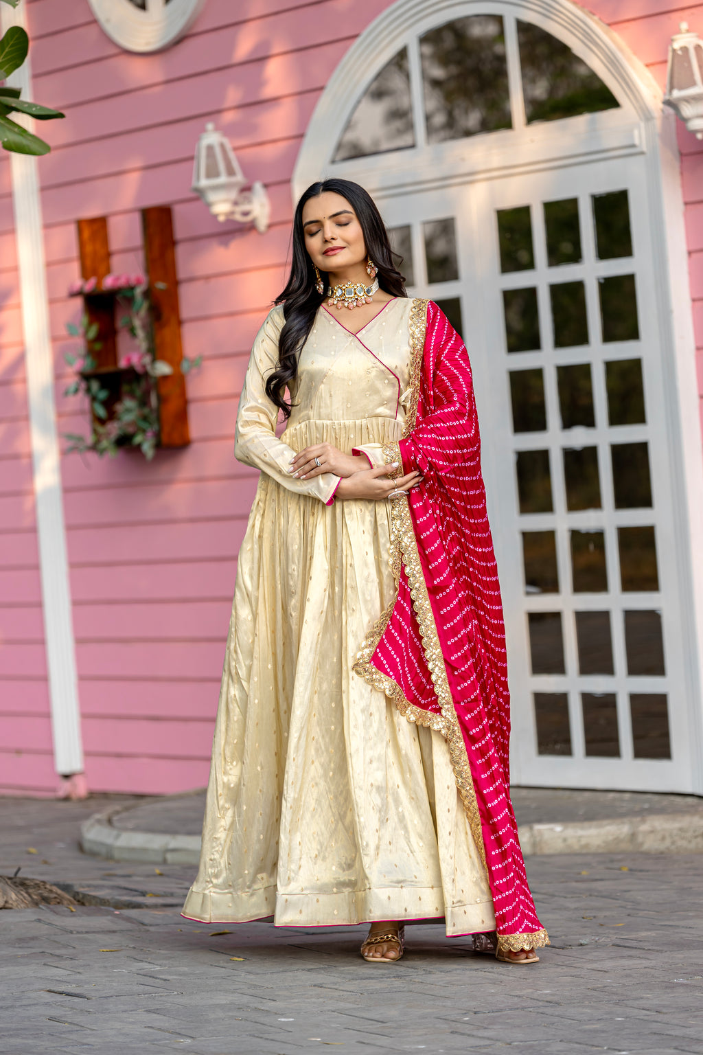 Cream Color Jacquard Butti Gown with Digital Printed Chinon Dupatta