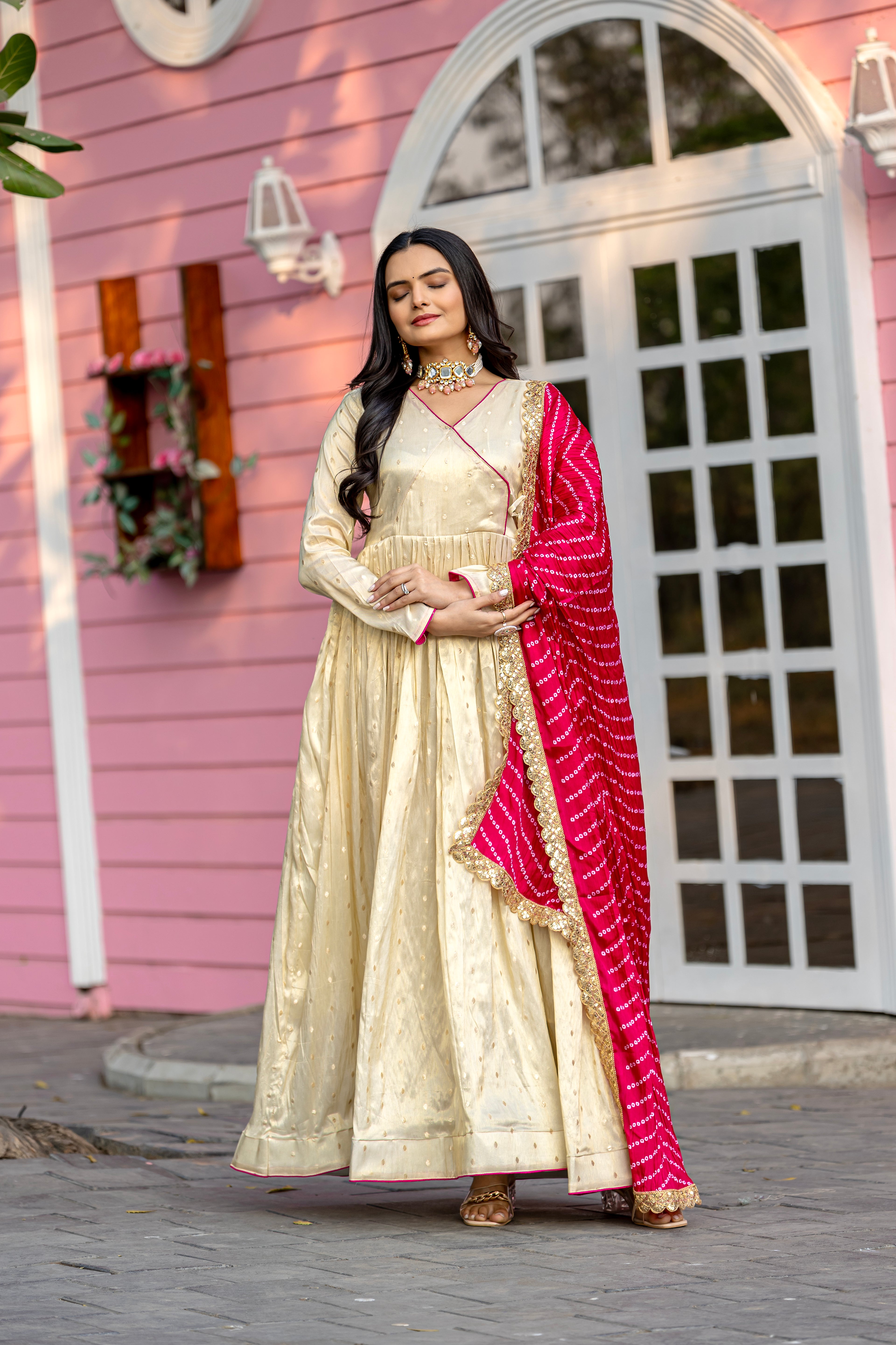 Cream Color Jacquard Butti Gown with Digital Printed Chinon Dupatta