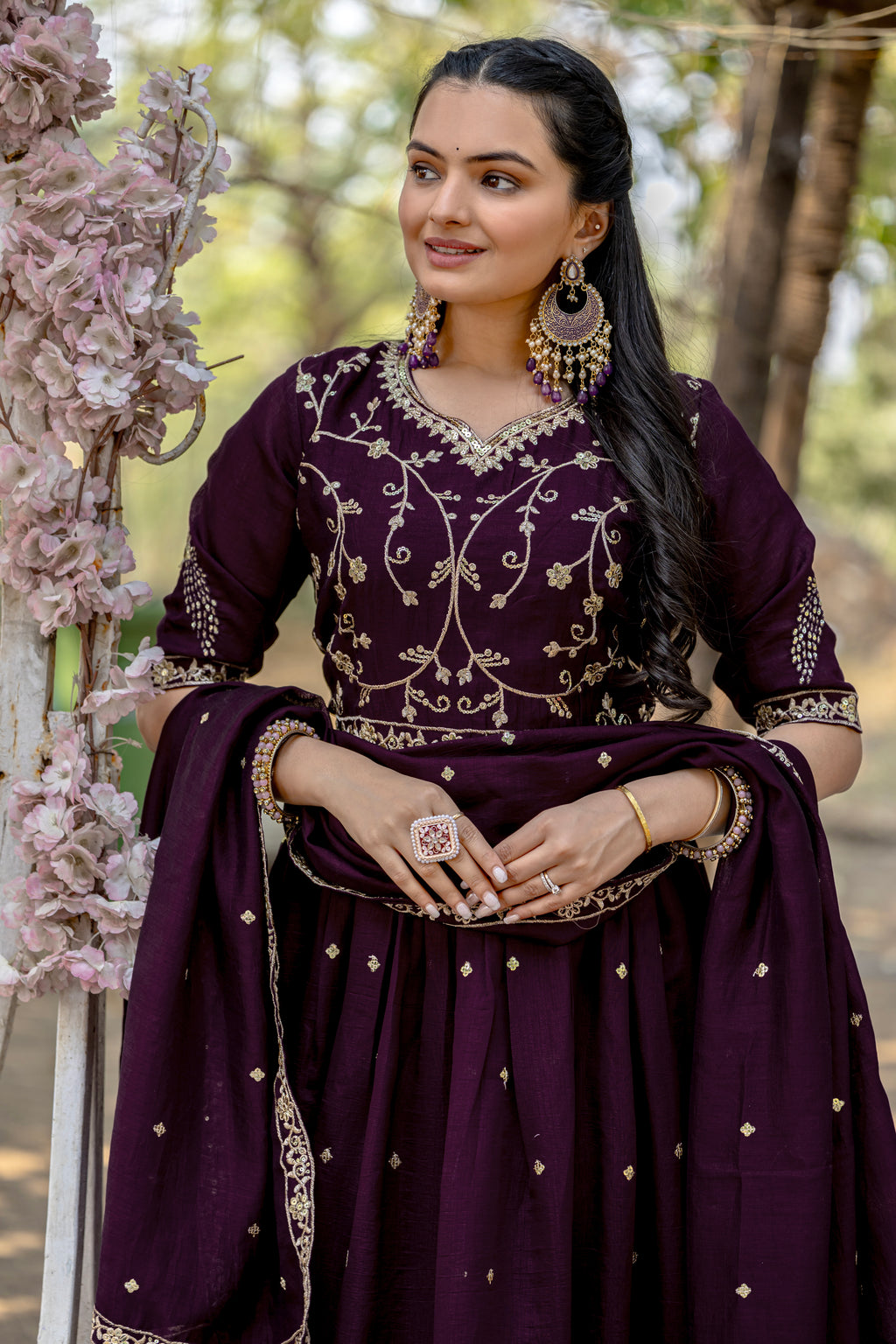 Wine Color Shimmer Vichitra Embroidered Gown with Dupatta