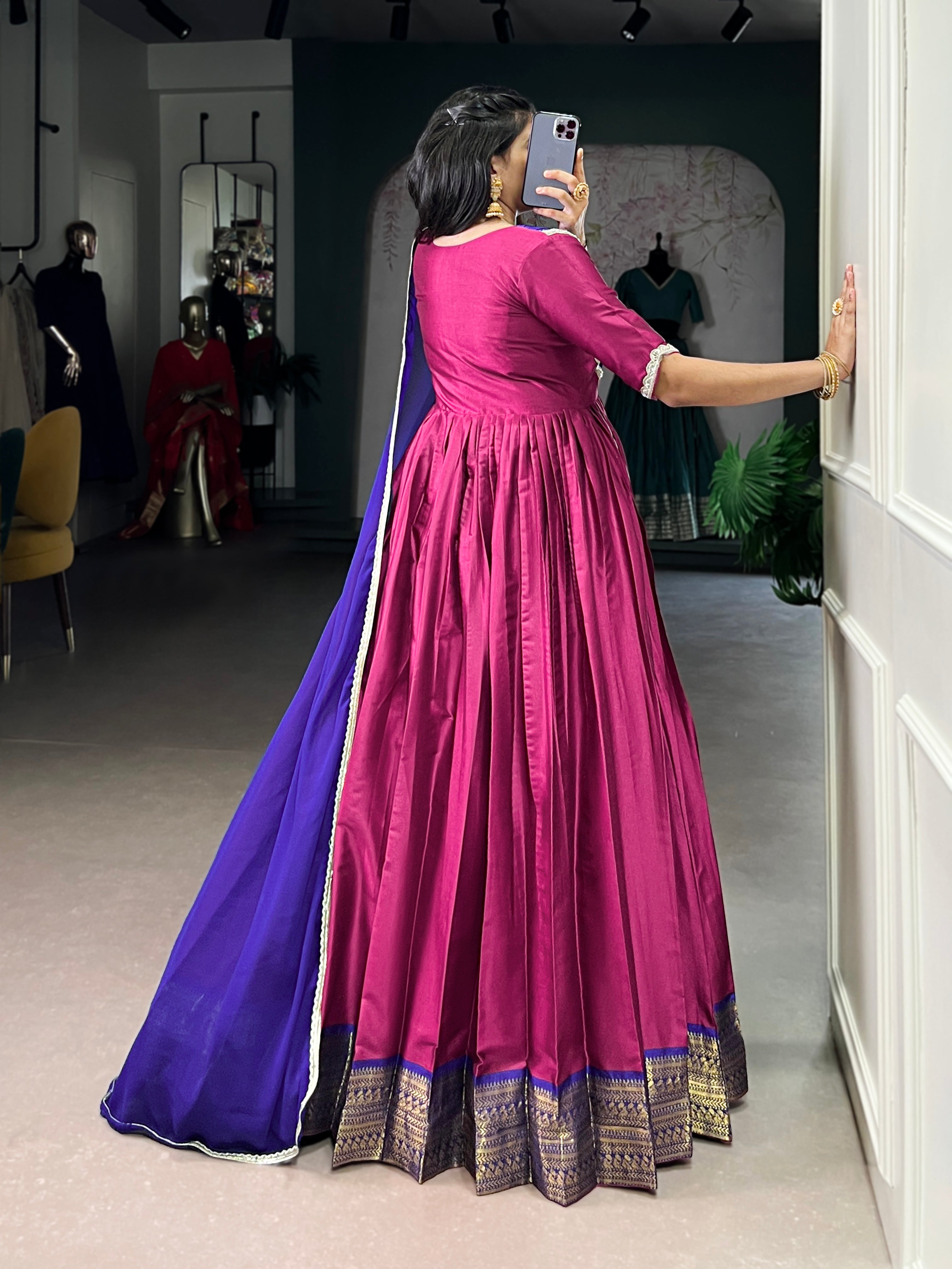 Pink Color Aura Silk Zari Weaving Gown with Georgette Lace Dupatta