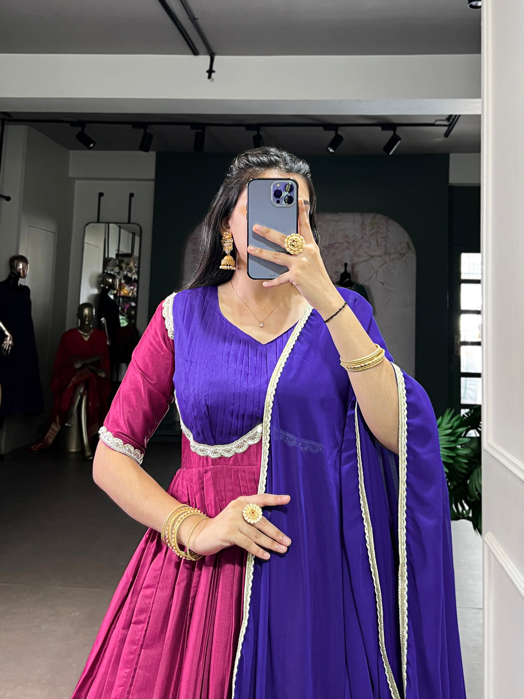 Pink Color Aura Silk Zari Weaving Gown with Georgette Lace Dupatta