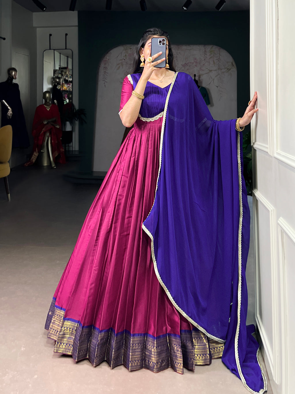 Pink Color Aura Silk Zari Weaving Gown with Georgette Lace Dupatta