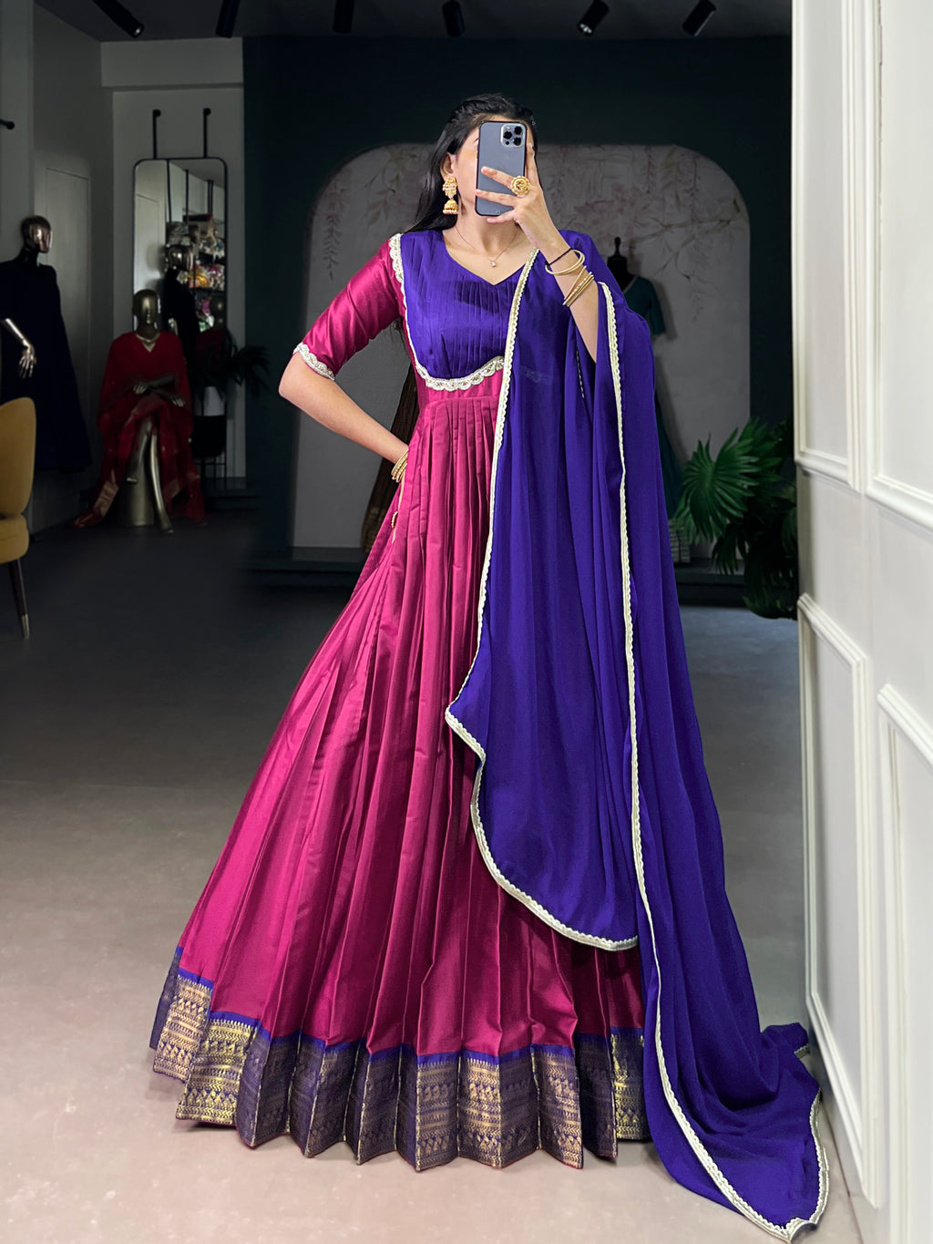 Pink Color Aura Silk Zari Weaving Gown with Georgette Lace Dupatta