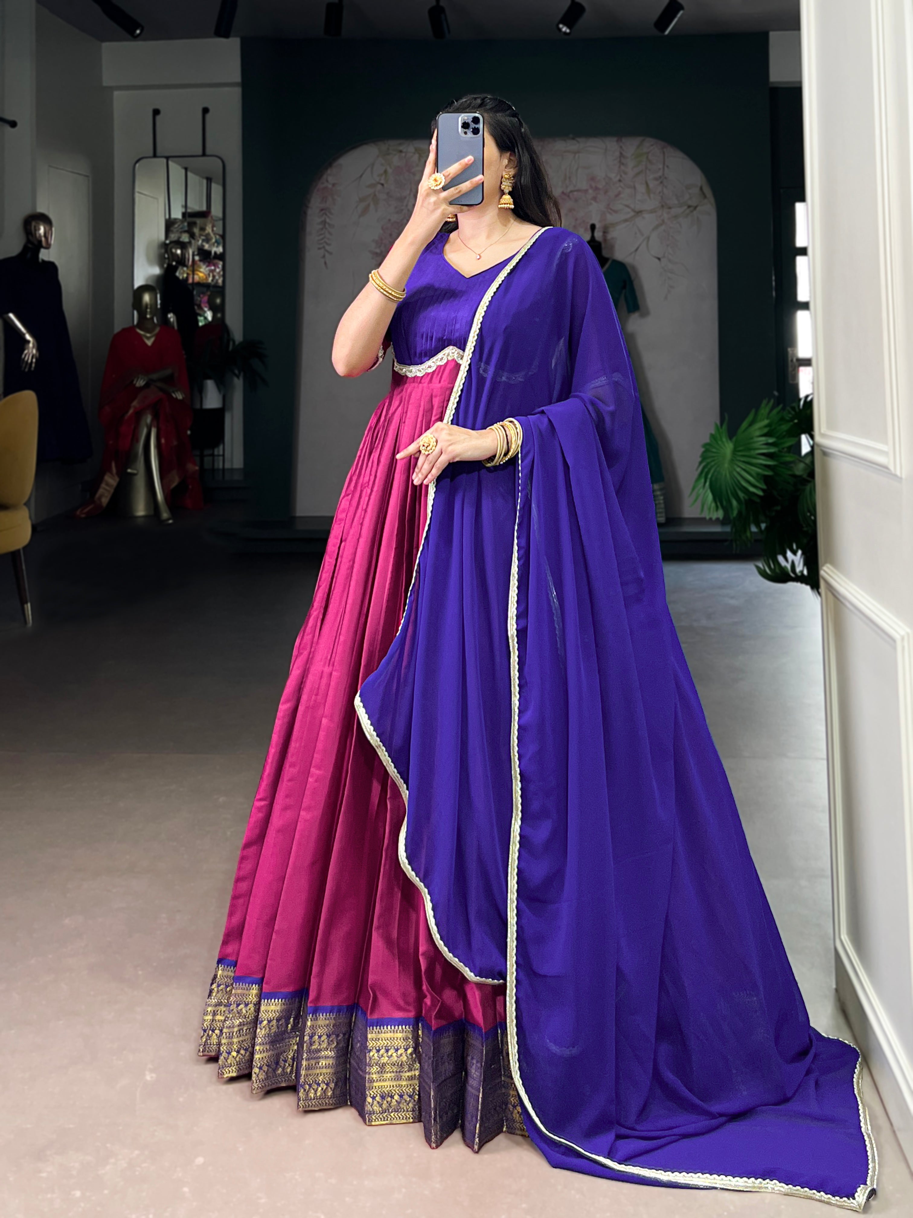 Pink Color Aura Silk Zari Weaving Gown with Georgette Lace Dupatta