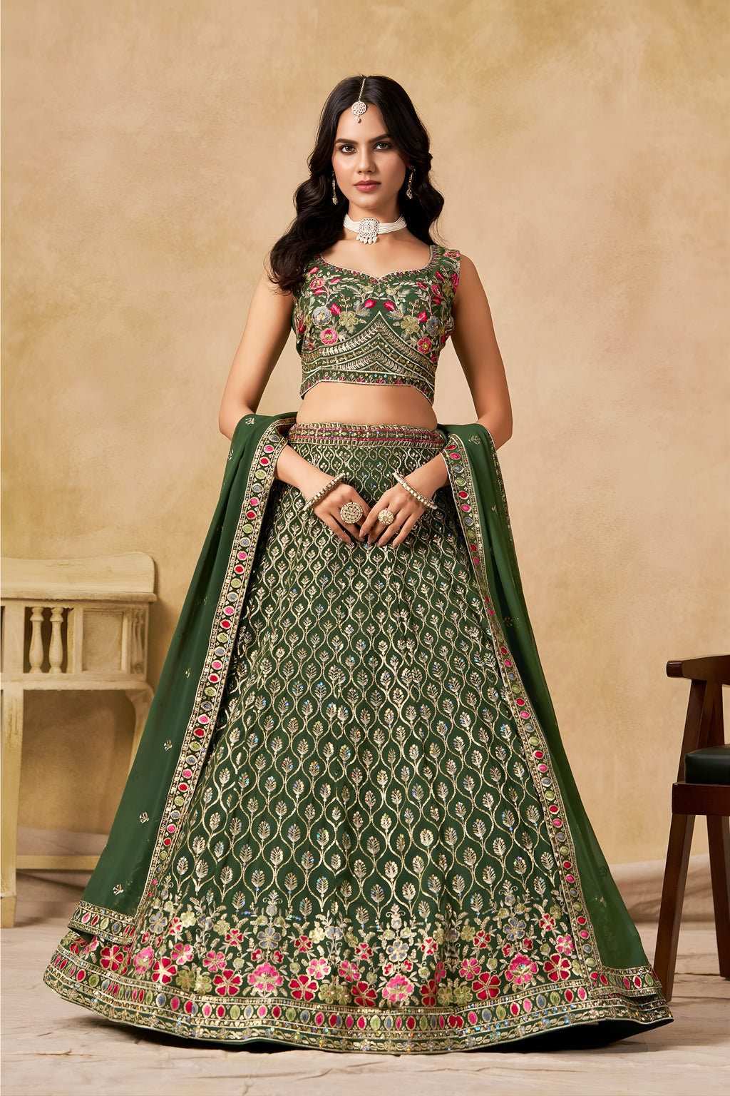 Sakhi Green Soft Georgette with Sequins Zari Resham and Badla Embroidery Work Lehenga Choli