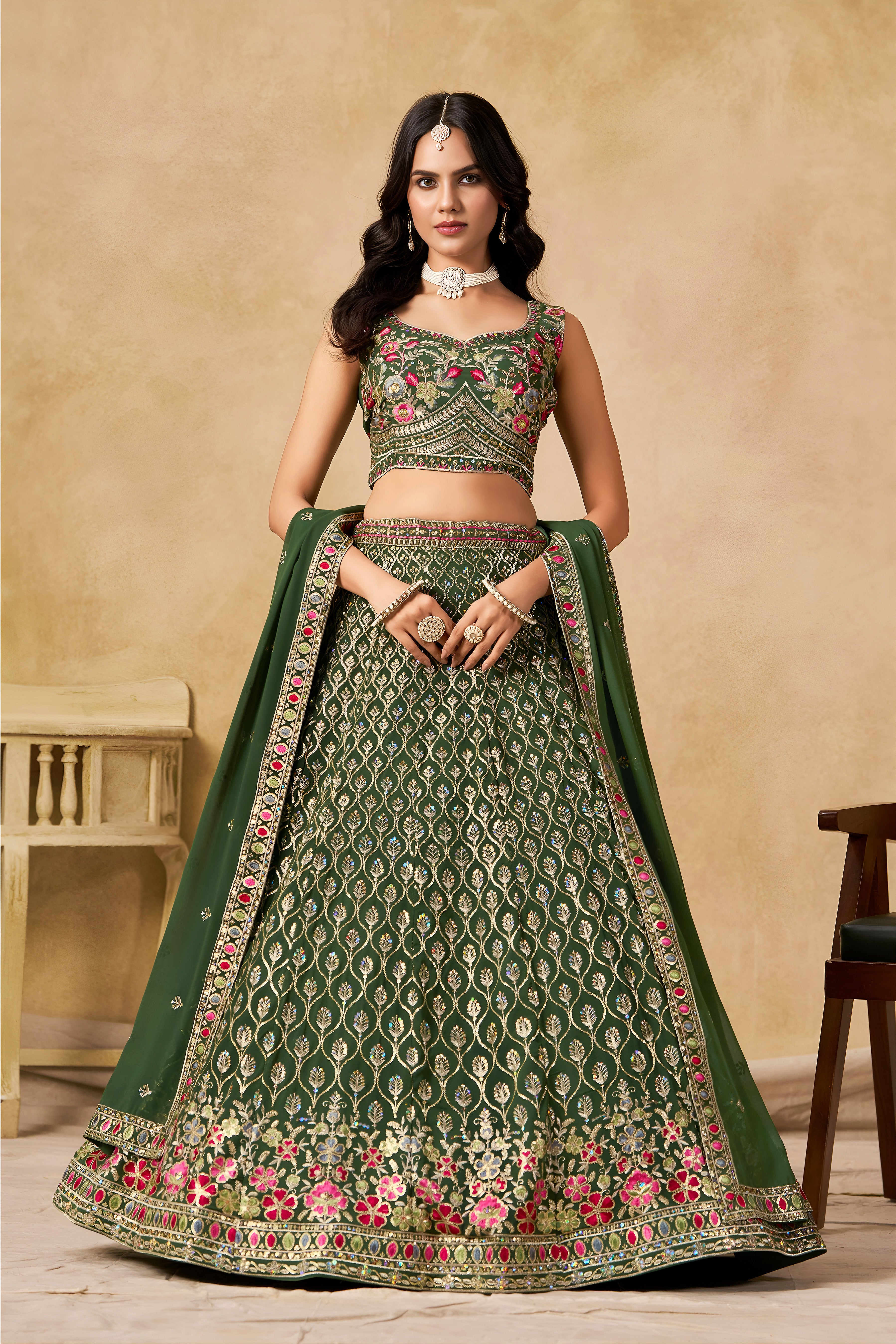 Sakhi Green Soft Georgette with Sequins Zari Resham and Badla Embroidery Work Lehenga Choli