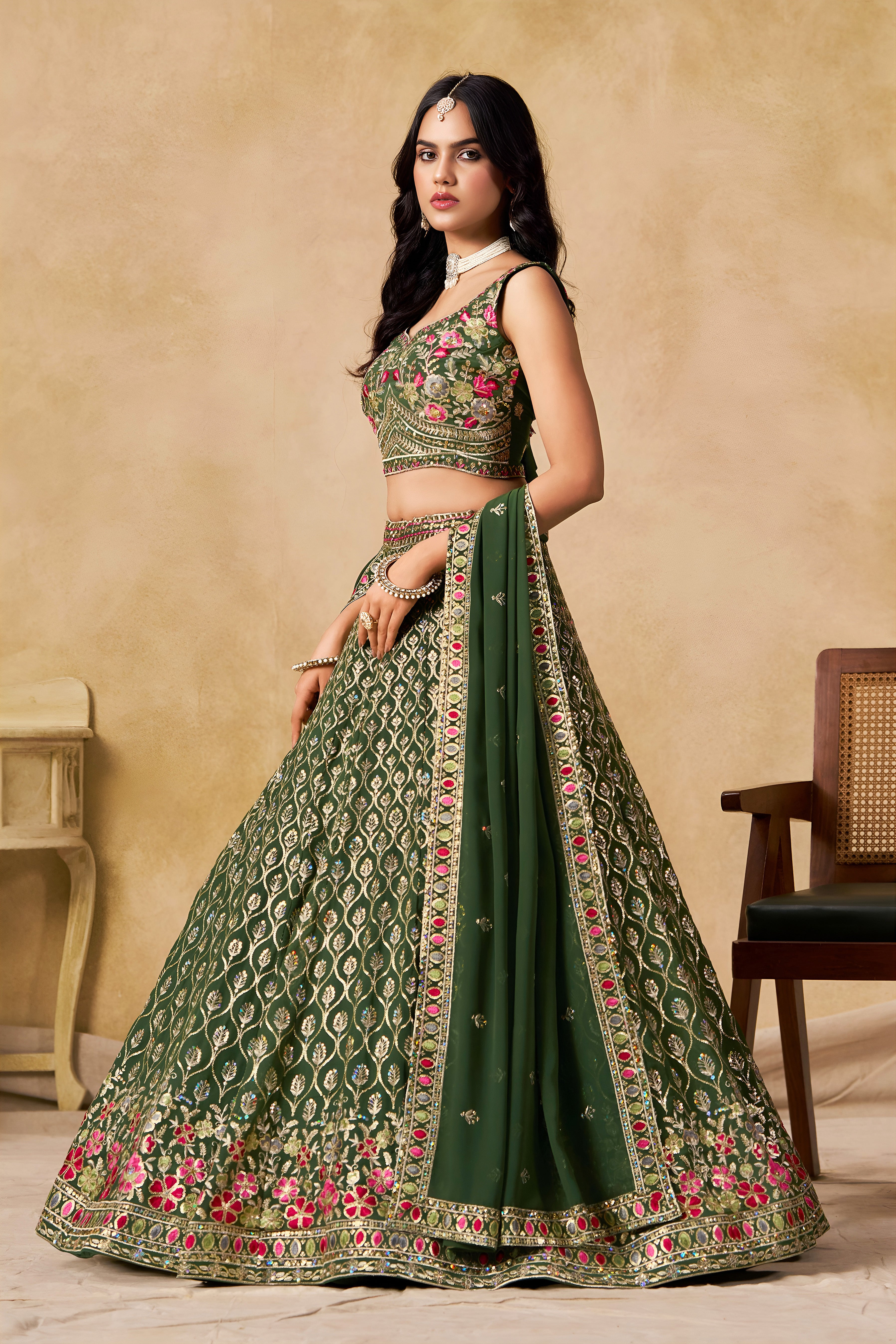 Sakhi Green Soft Georgette with Sequins Zari Resham and Badla Embroidery Work Lehenga Choli