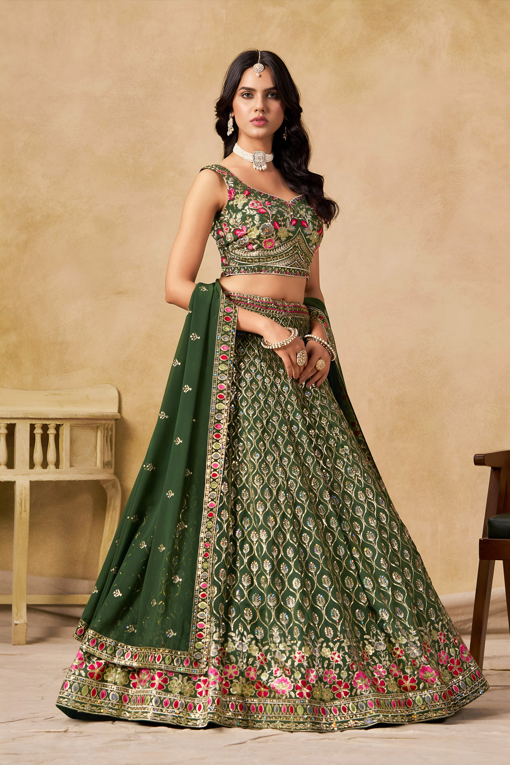 Sakhi Green Soft Georgette with Sequins Zari Resham and Badla Embroidery Work Lehenga Choli