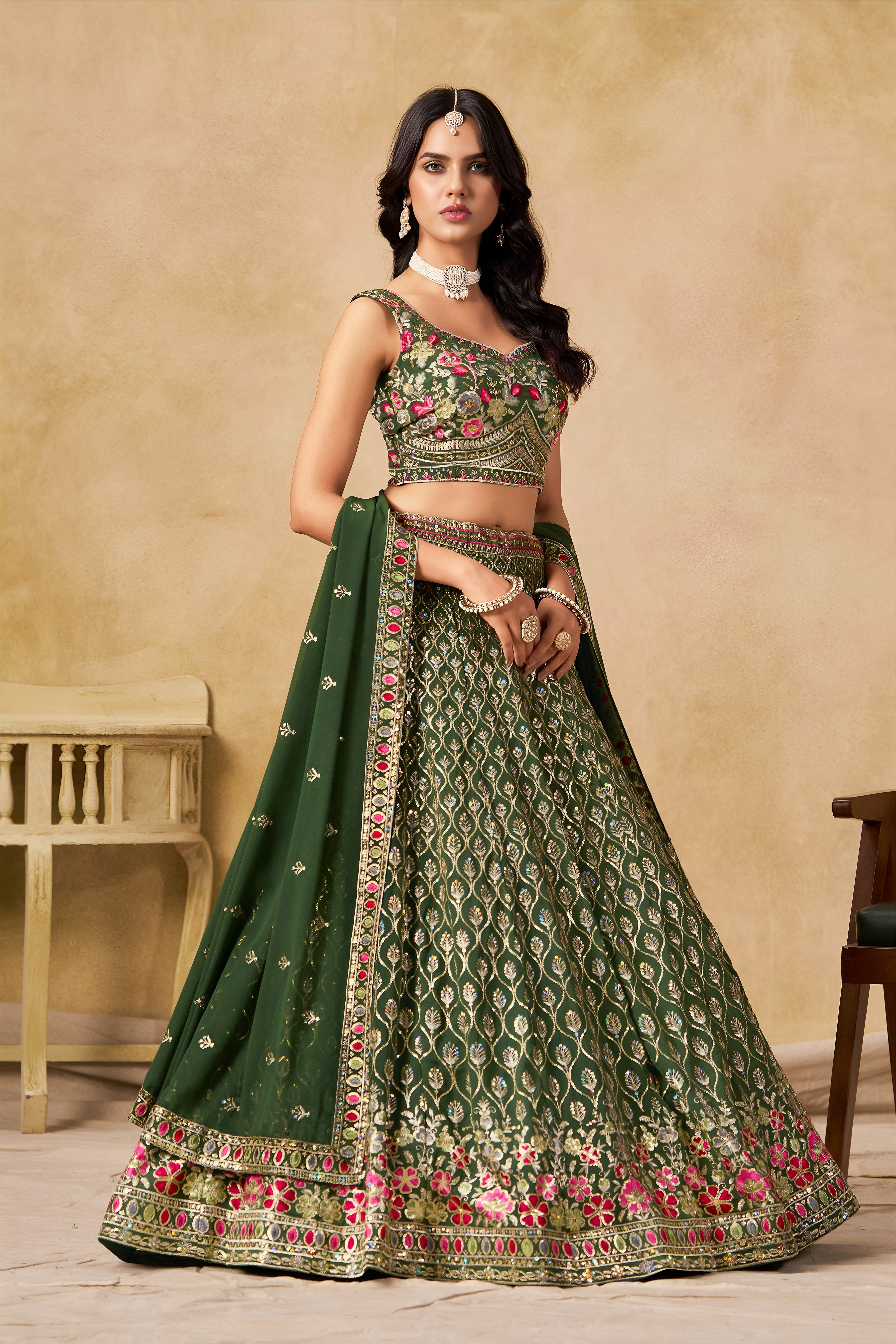 Sakhi Green Soft Georgette with Sequins Zari Resham and Badla Embroidery Work Lehenga Choli