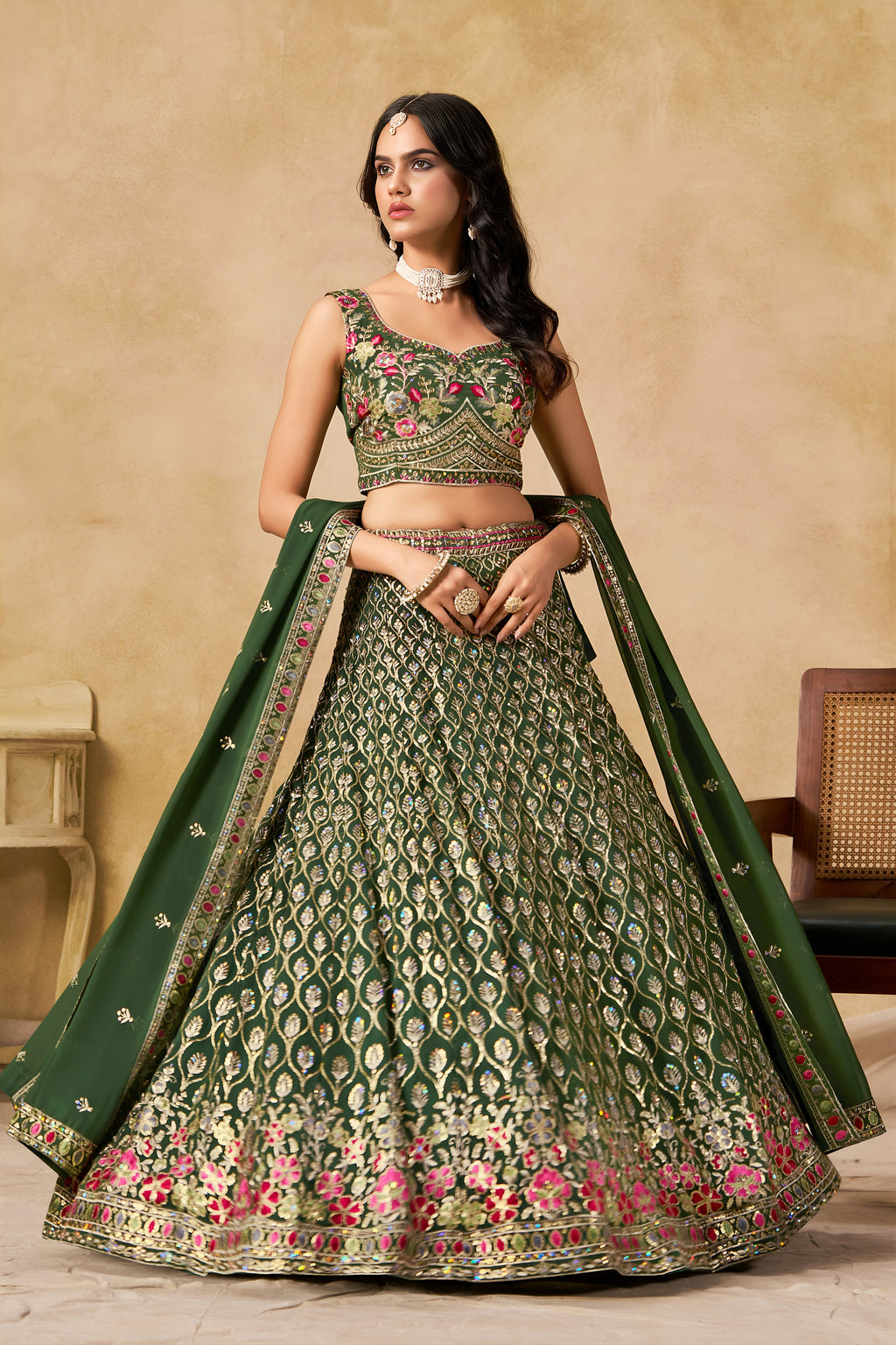 Sakhi Green Soft Georgette with Sequins Zari Resham and Badla Embroidery Work Lehenga Choli