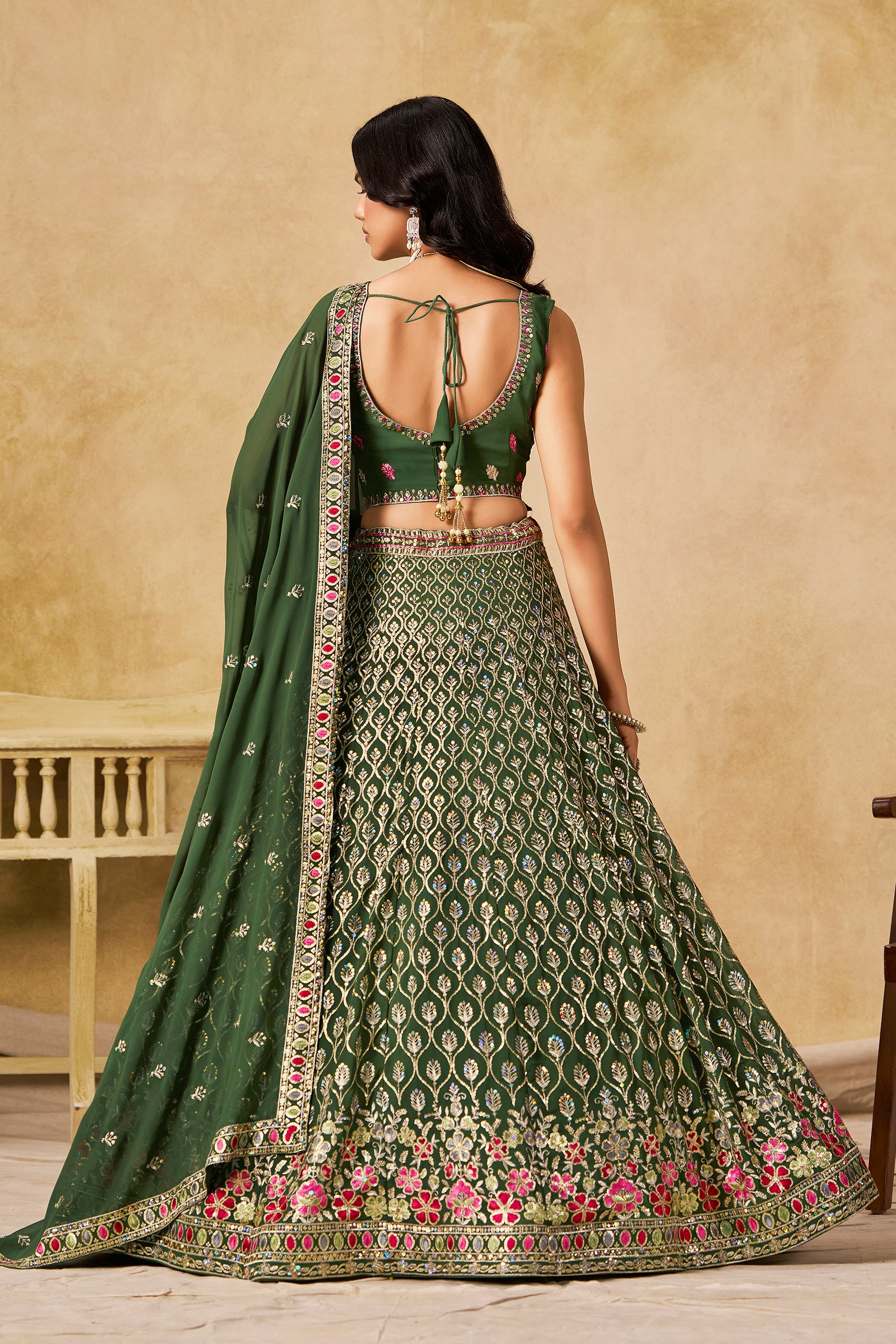 Sakhi Green Soft Georgette with Sequins Zari Resham and Badla Embroidery Work Lehenga Choli