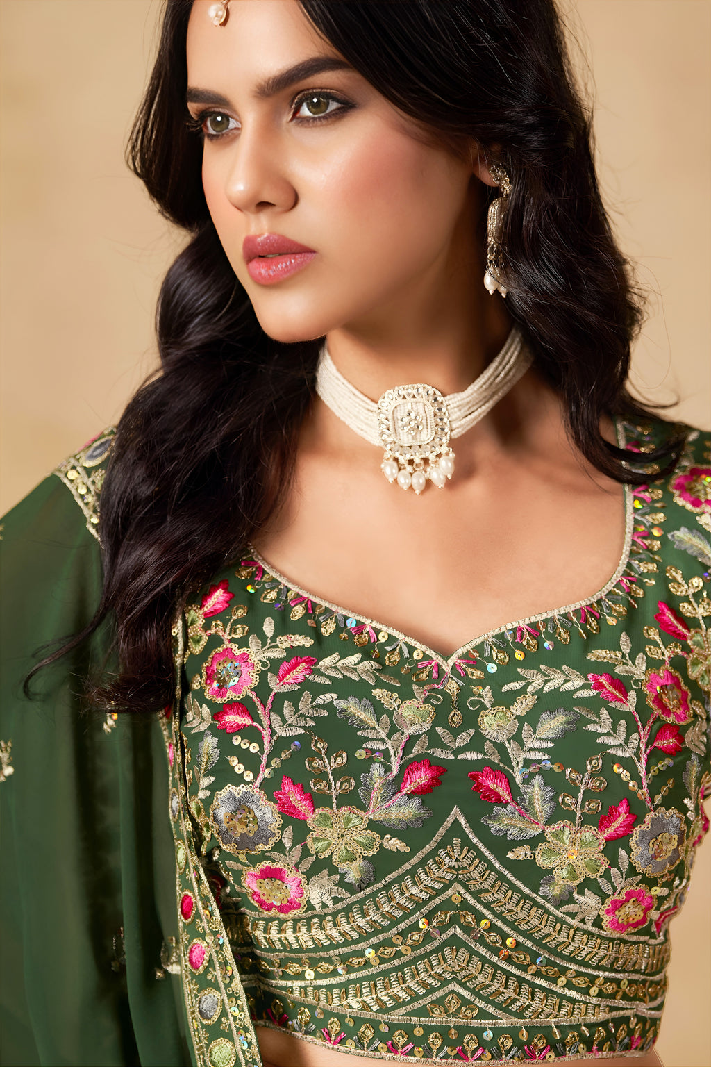 Sakhi Green Soft Georgette with Sequins Zari Resham and Badla Embroidery Work Lehenga Choli