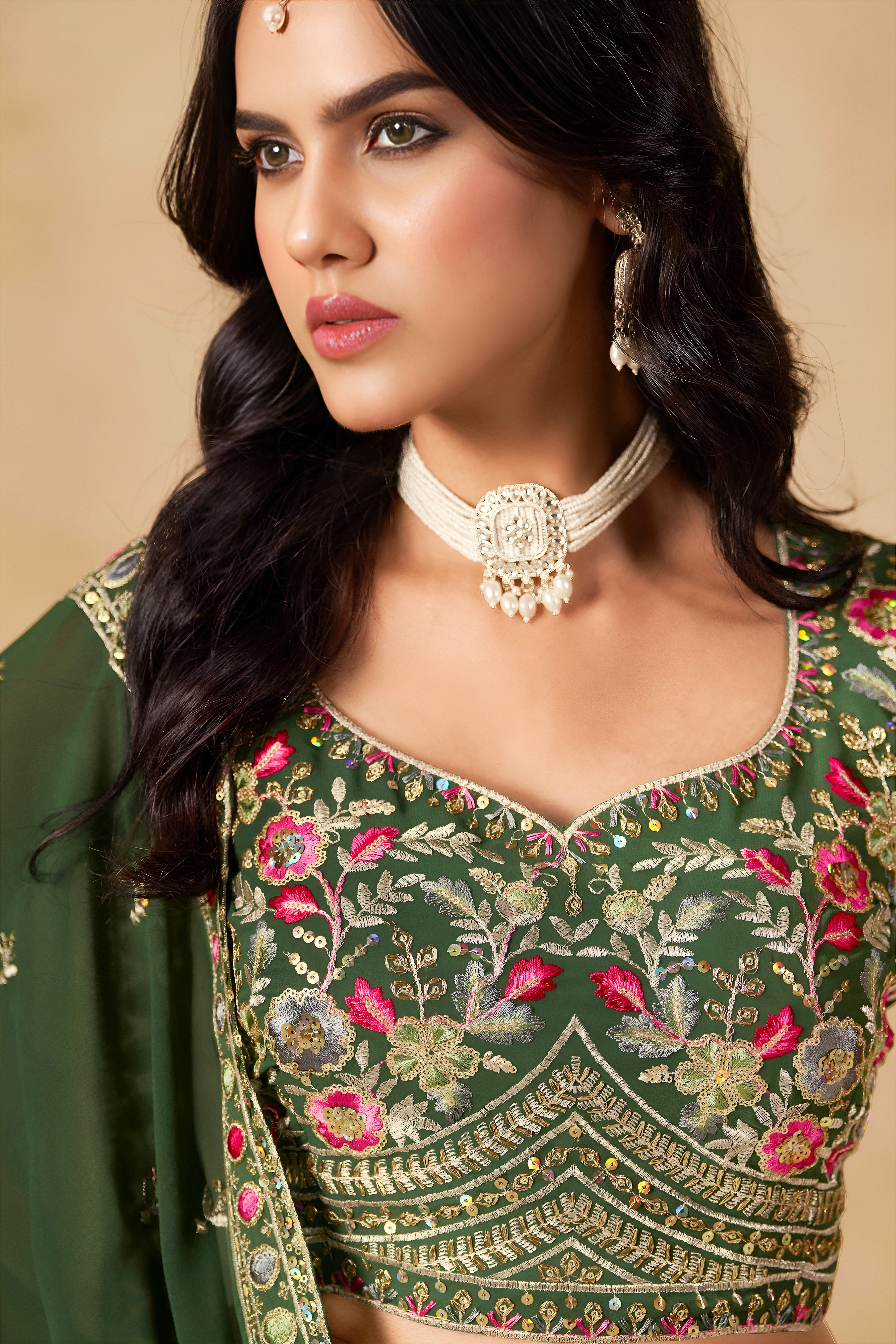 Sakhi Green Soft Georgette with Sequins Zari Resham and Badla Embroidery Work Lehenga Choli