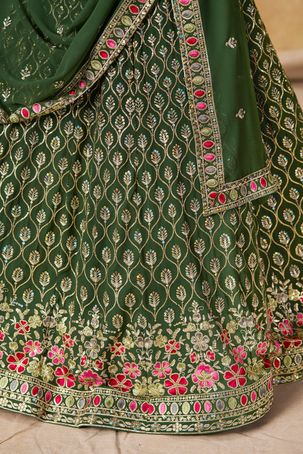 Sakhi Green Soft Georgette with Sequins Zari Resham and Badla Embroidery Work Lehenga Choli