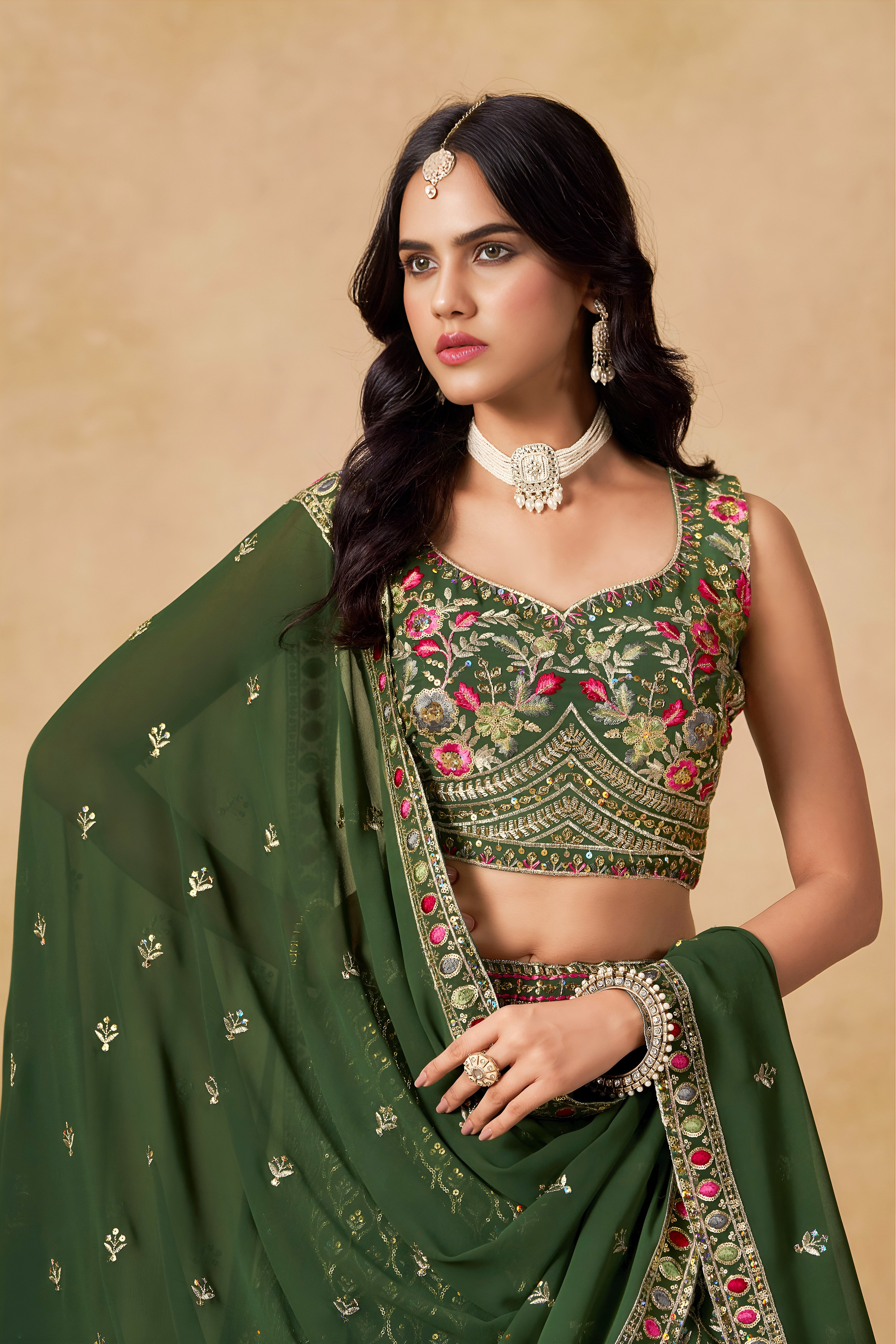 Sakhi Green Soft Georgette with Sequins Zari Resham and Badla Embroidery Work Lehenga Choli