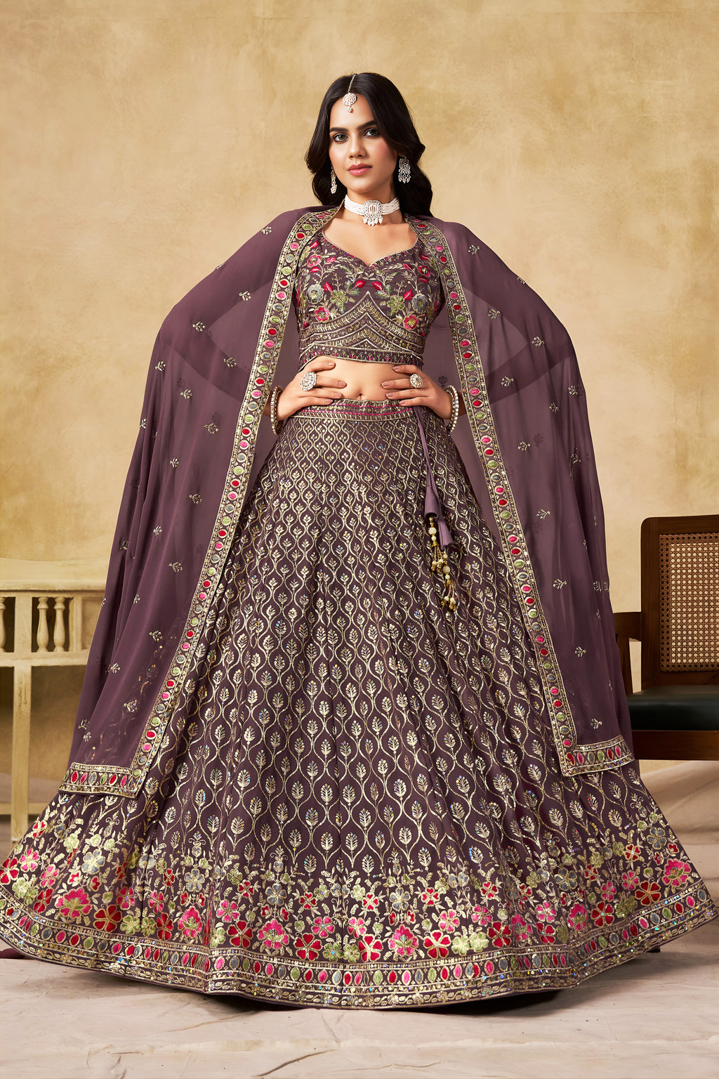 Sakhi Light Purple Soft Georgette with Sequins Zari Resham and Badla Embroidery Work Lehenga Choli
