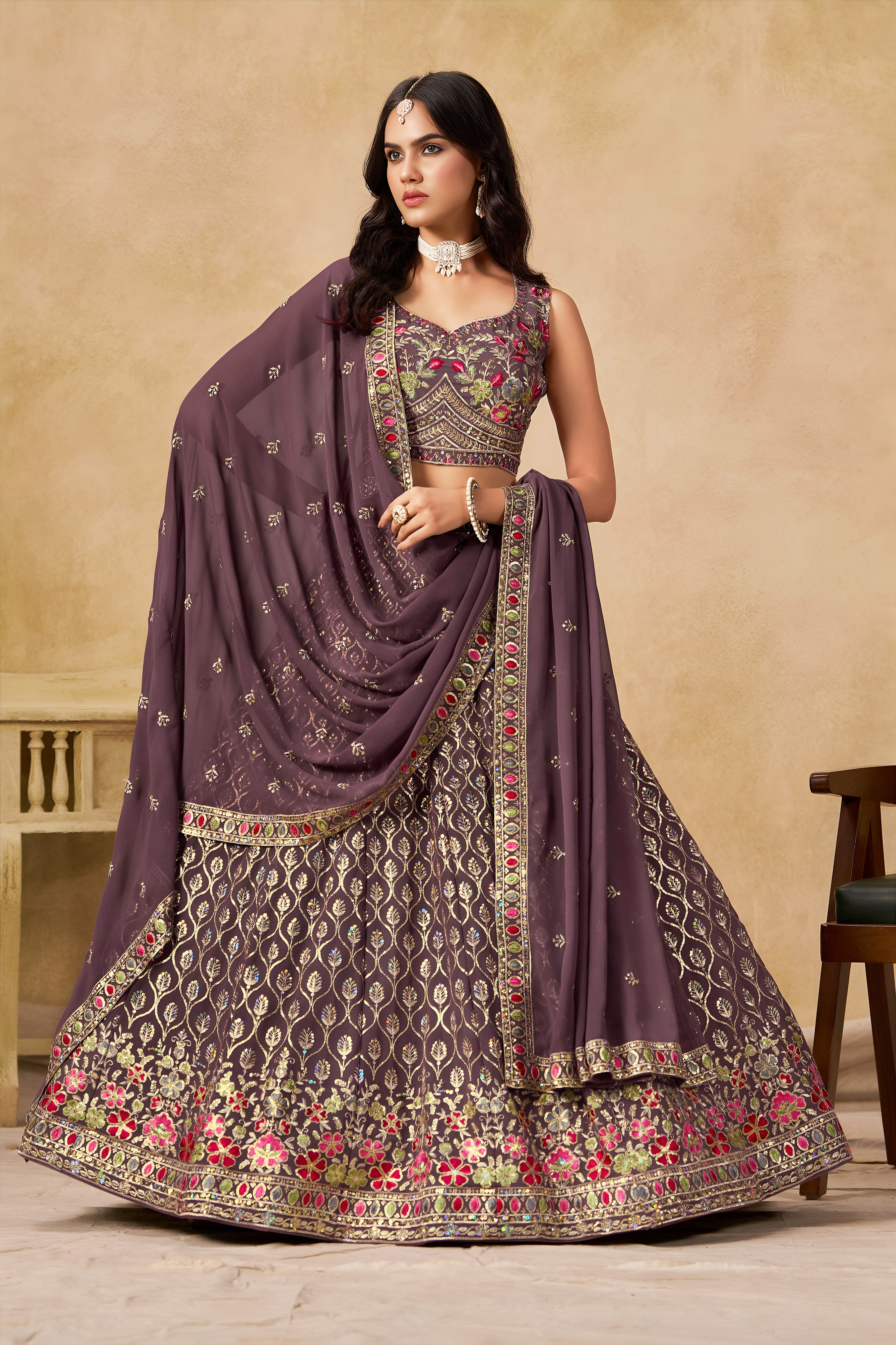 Sakhi Light Purple Soft Georgette with Sequins Zari Resham and Badla Embroidery Work Lehenga Choli