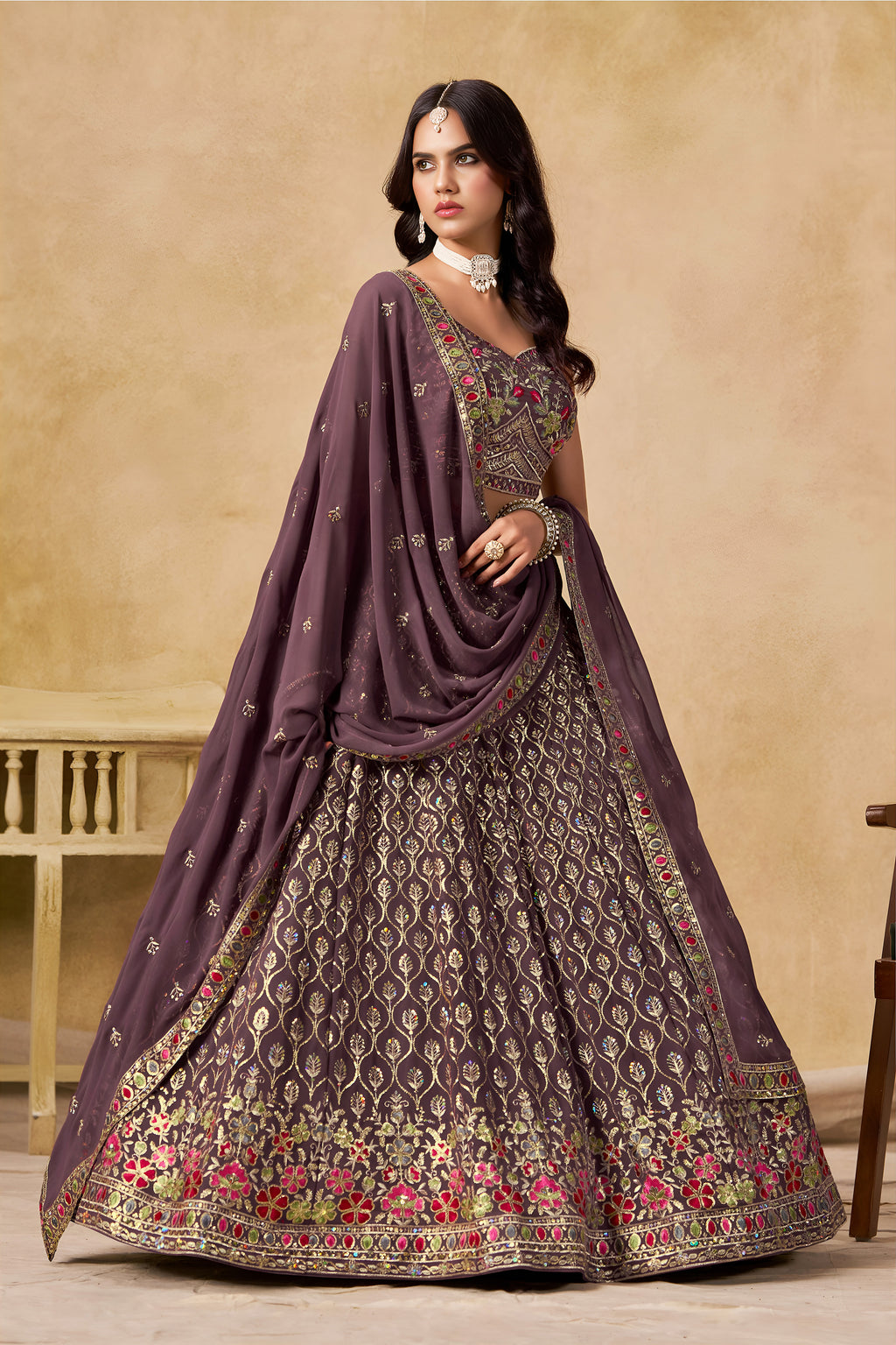 Sakhi Light Purple Soft Georgette with Sequins Zari Resham and Badla Embroidery Work Lehenga Choli