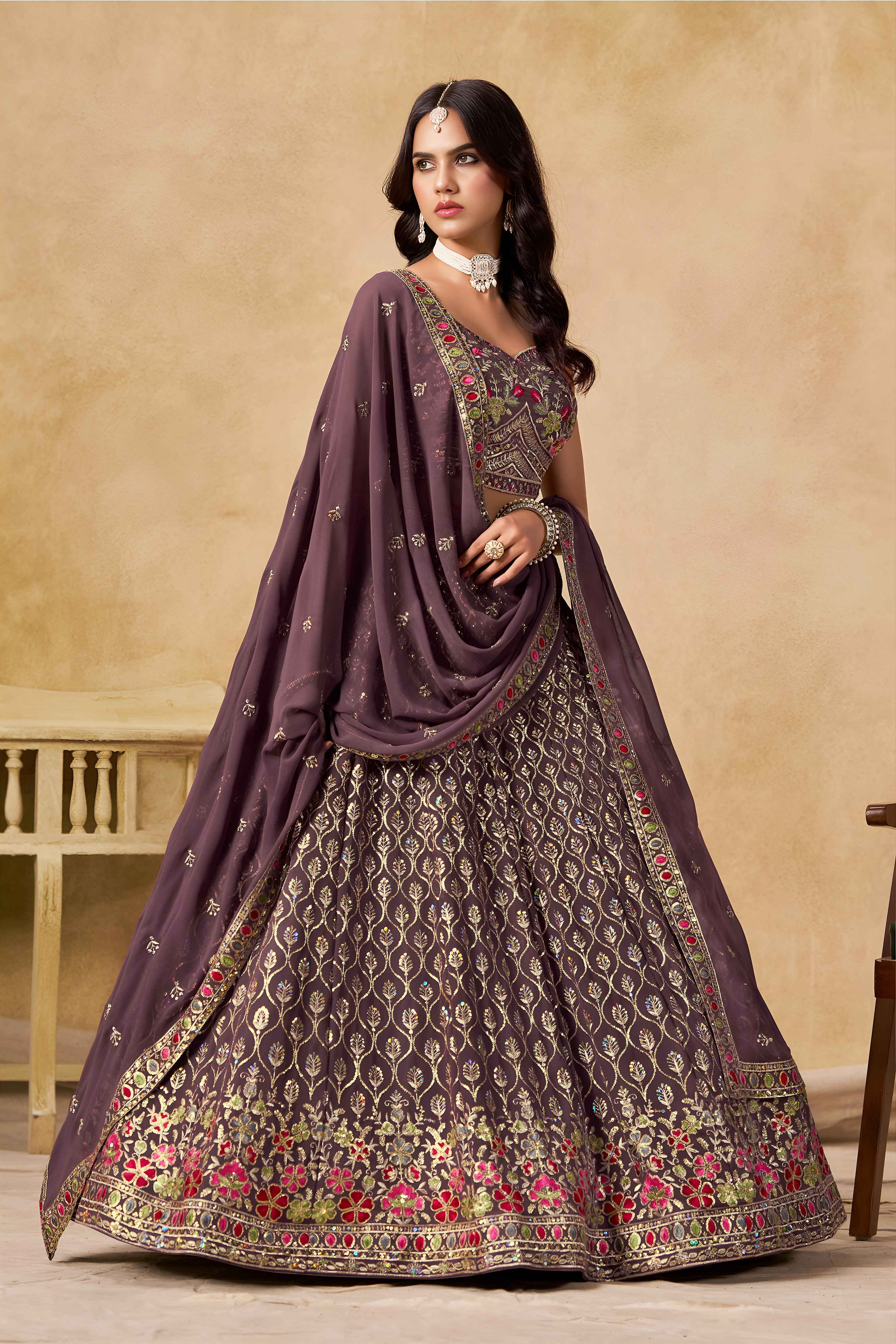 Sakhi Light Purple Soft Georgette with Sequins Zari Resham and Badla Embroidery Work Lehenga Choli
