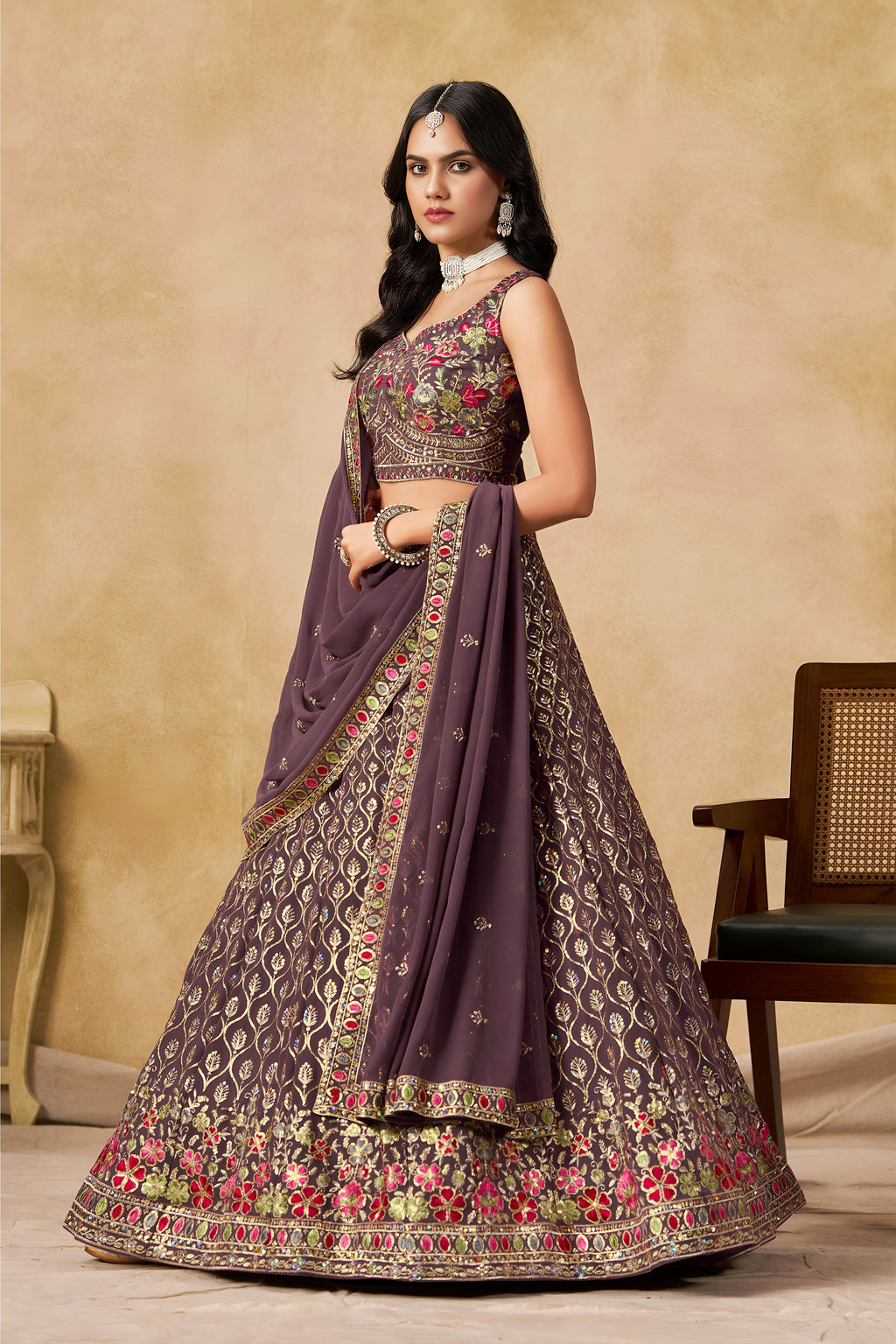 Sakhi Light Purple Soft Georgette with Sequins Zari Resham and Badla Embroidery Work Lehenga Choli