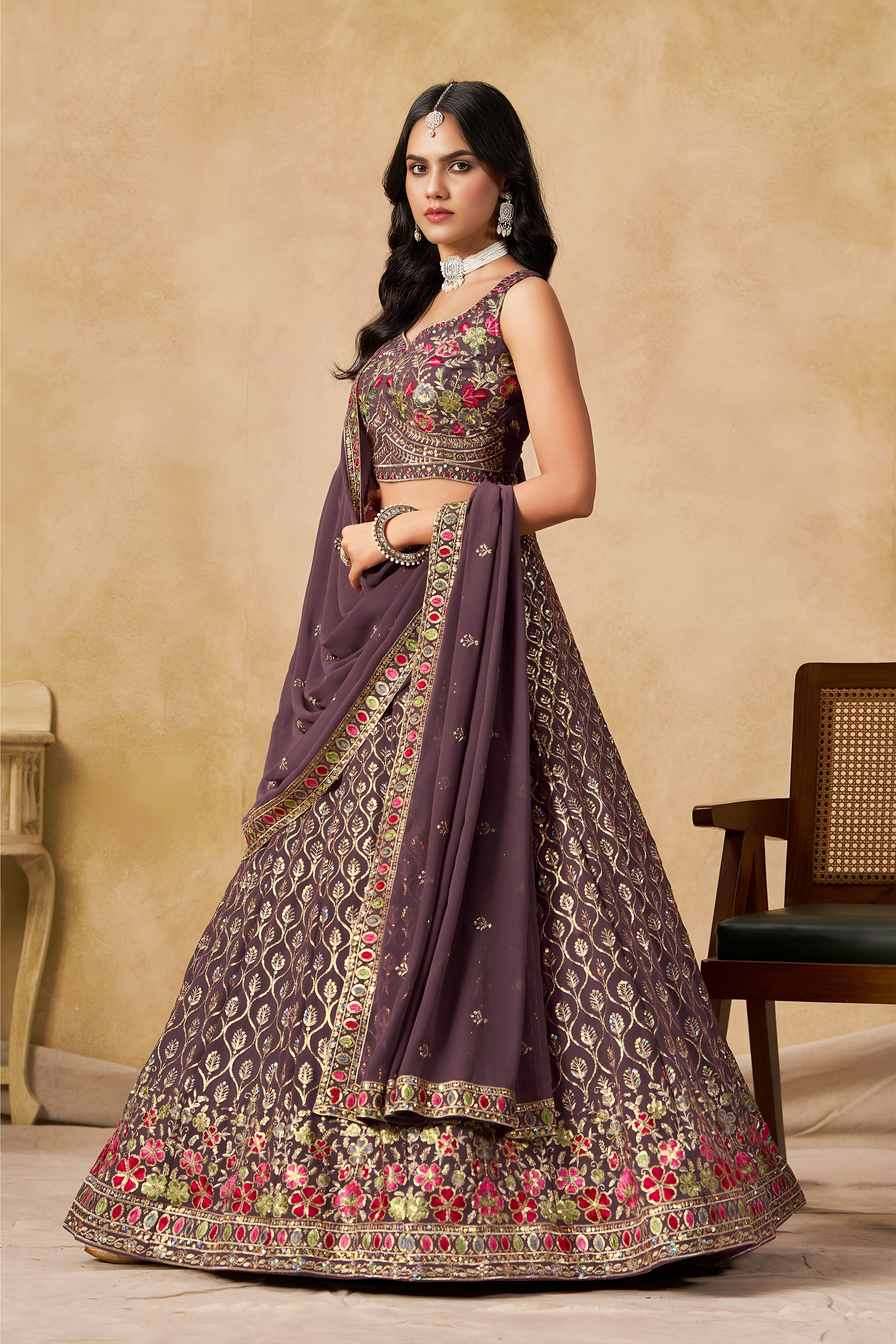 Sakhi Light Purple Soft Georgette with Sequins Zari Resham and Badla Embroidery Work Lehenga Choli