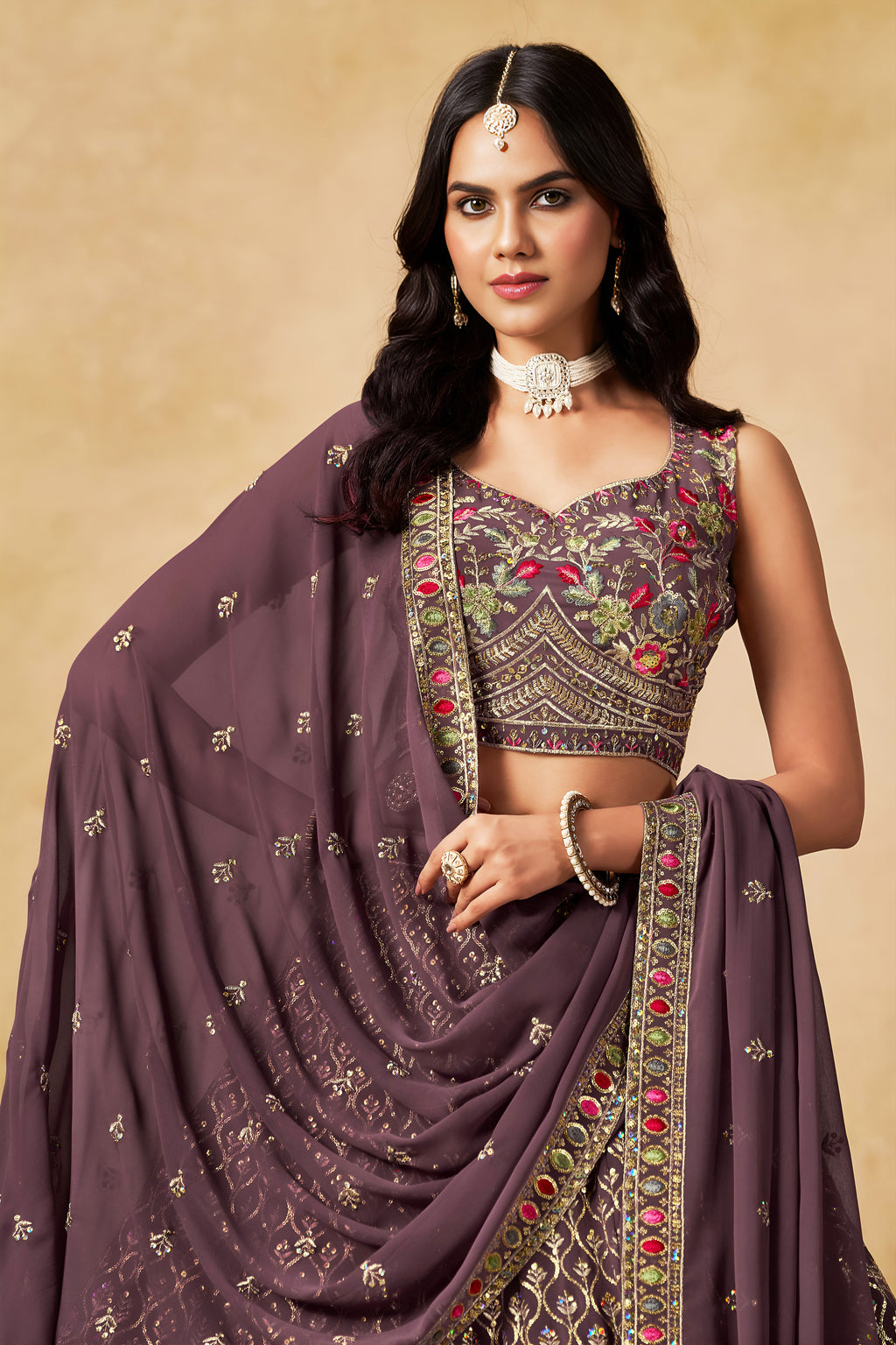 Sakhi Light Purple Soft Georgette with Sequins Zari Resham and Badla Embroidery Work Lehenga Choli