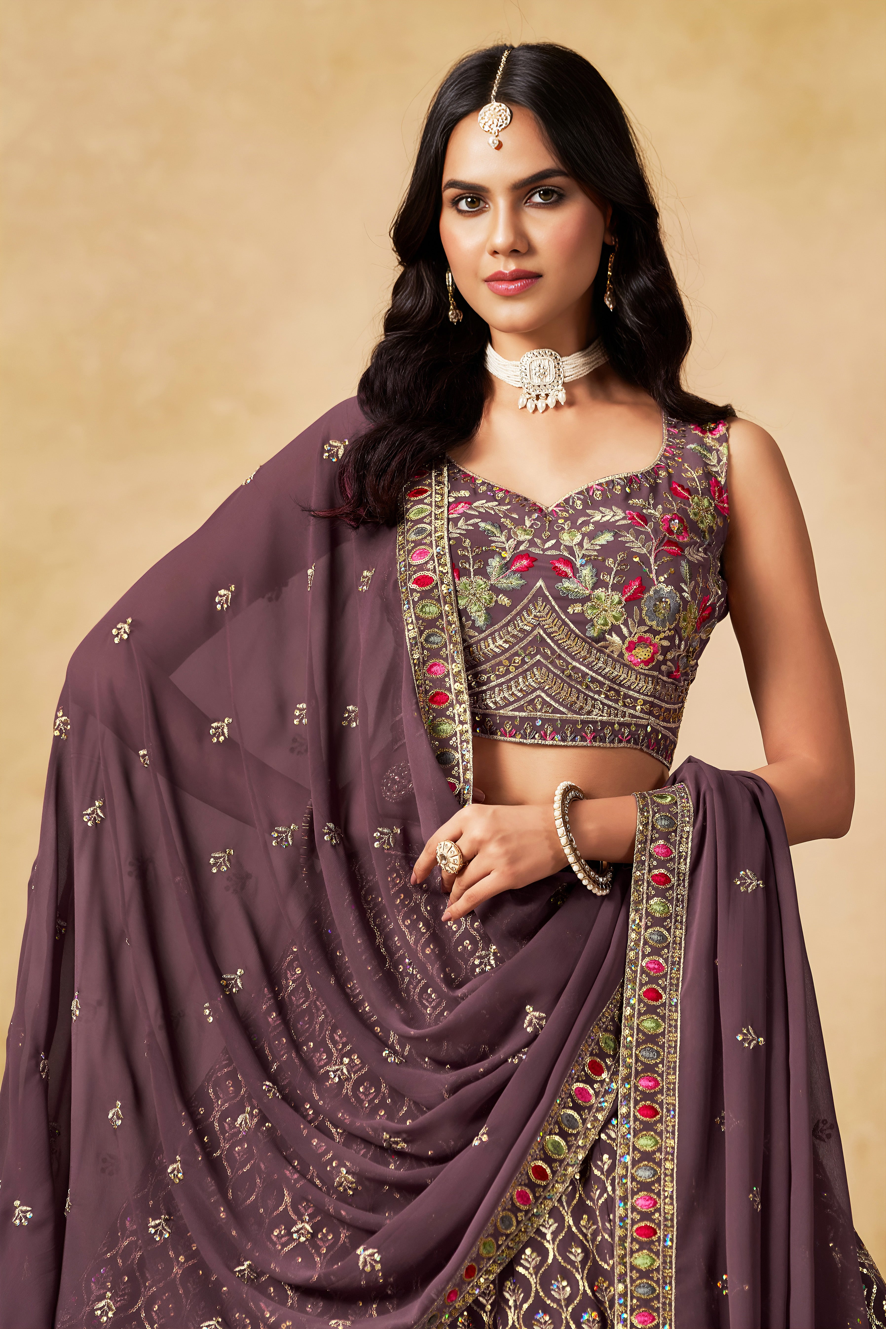 Sakhi Light Purple Soft Georgette with Sequins Zari Resham and Badla Embroidery Work Lehenga Choli