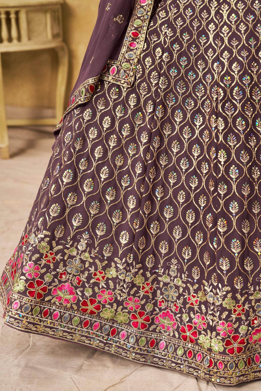 Sakhi Light Purple Soft Georgette with Sequins Zari Resham and Badla Embroidery Work Lehenga Choli