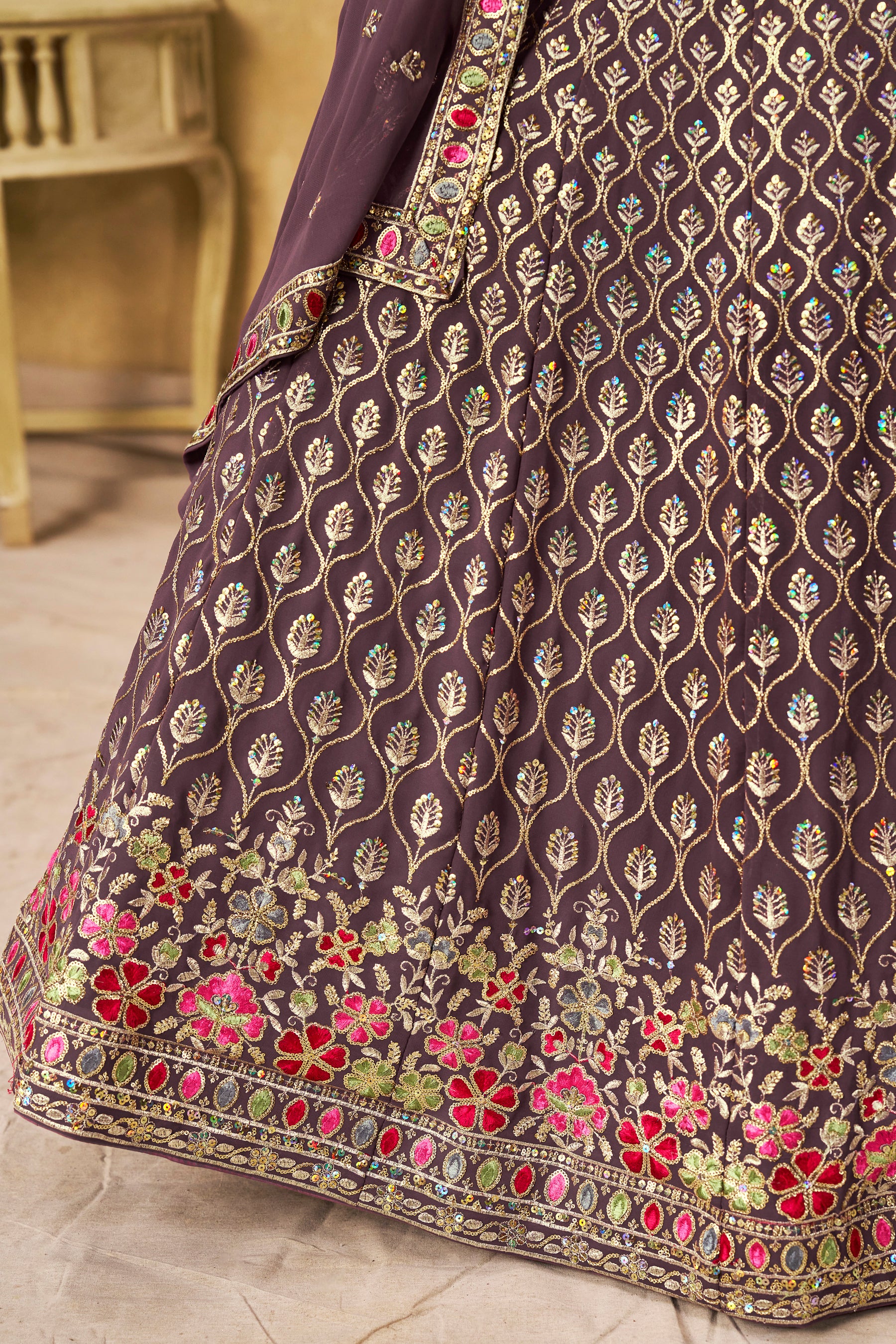 Sakhi Light Purple Soft Georgette with Sequins Zari Resham and Badla Embroidery Work Lehenga Choli