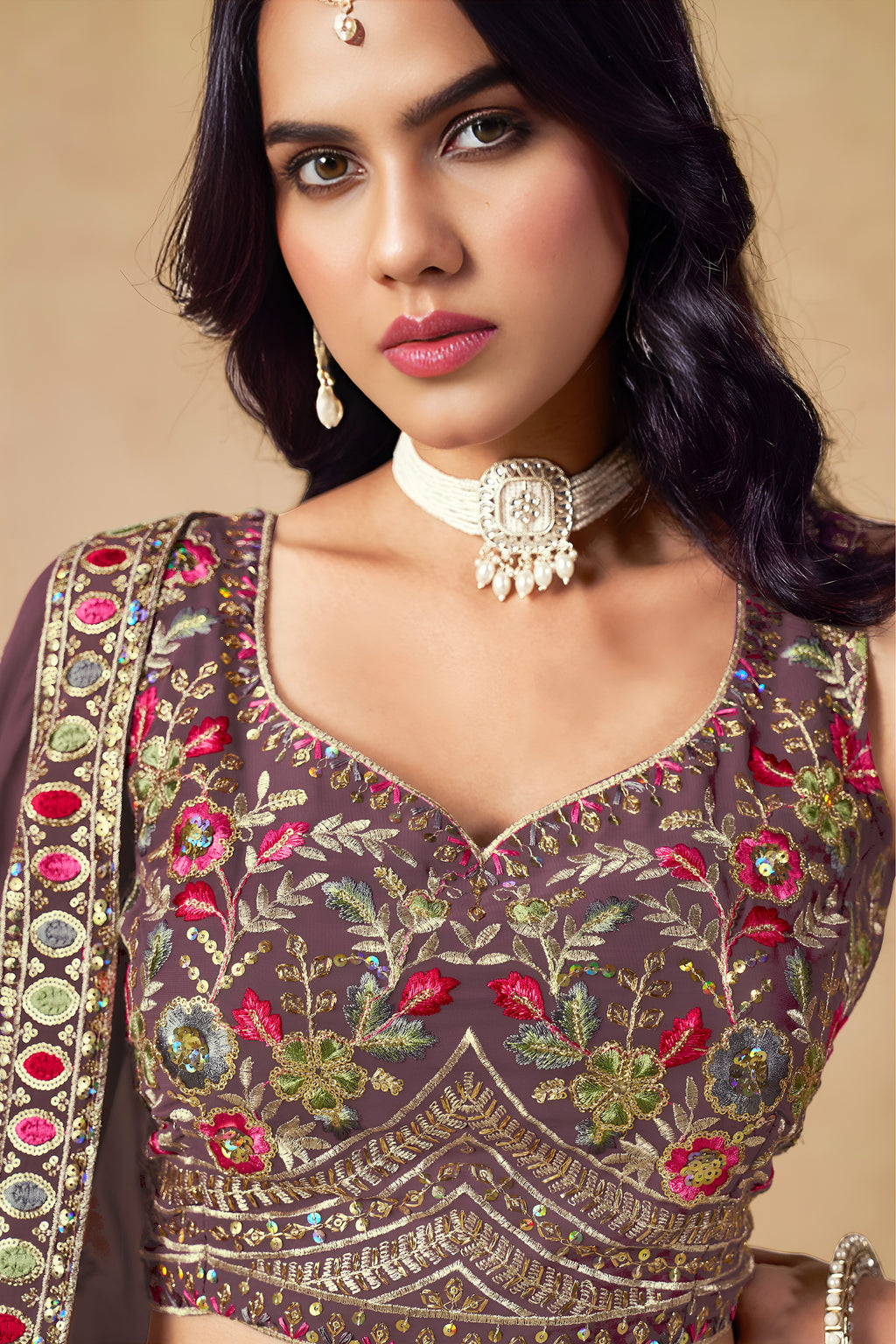 Sakhi Light Purple Soft Georgette with Sequins Zari Resham and Badla Embroidery Work Lehenga Choli