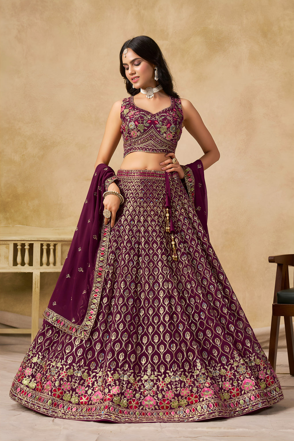 Sakhi Maroon Soft Georgette with Sequins Zari Resham and Badla Embroidery Work Lehenga Choli